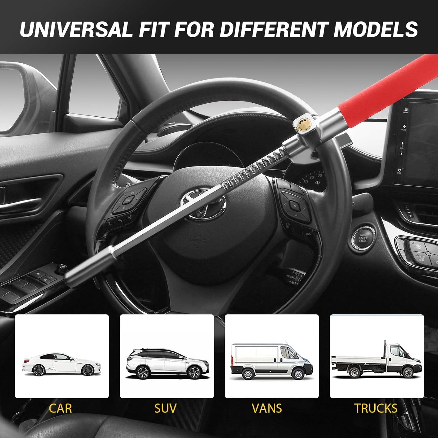 Car Steering Wheel Lock, Anti Theft Car Device for Car Steering Wheel, Car Security Car Theft Prevention with 3 Keys and Safety Hammer Fit for All Cars (Red)