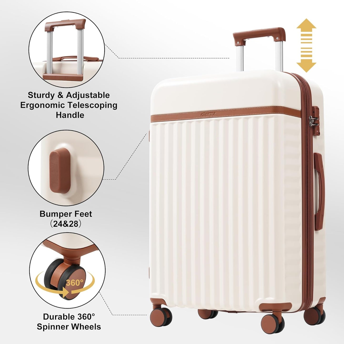 Merax Luggage Sets Front Opening, 2 Piece Hardshell Suitcase with Spinner Wheels and Bags,Lightweight Carry on Luggage with USB Port,20+24,White and Brown
