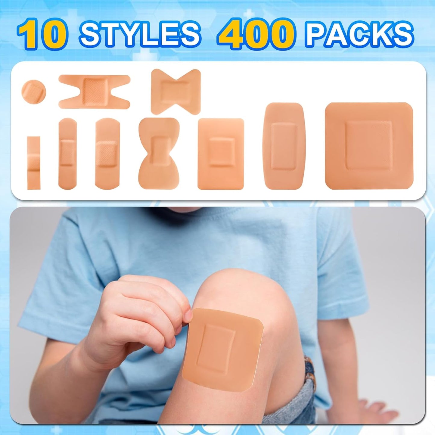 Bandages Variety Pack - 400 Pcs Assorted Bandages Bulk, Large Adhesive Fingertip Bandage, Waterproof Bandage Breathable for First Aid and Protect Wounds (10 Styles)
