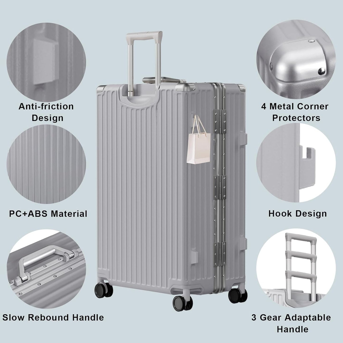 AnyZip Luggage PC+ABS Aluminum Frame Zipperless Checked Luggage Hard Shell Suitcase with TSA Lock Double Spinner Wheels 28 Inch Silver