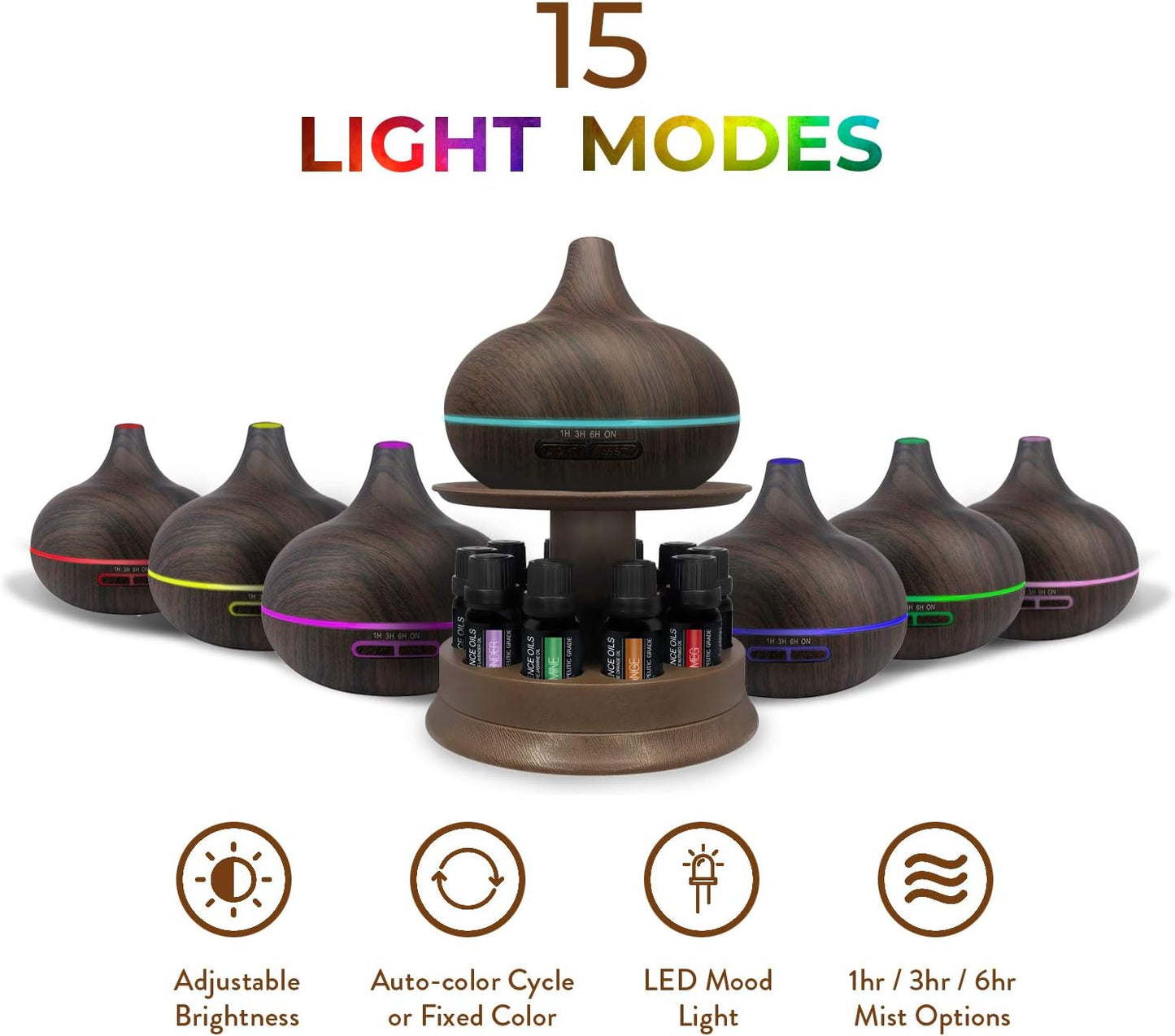 Ultimate Aromatherapy Diffuser & Essential Oil Set - Ultrasonic Diffuser & Top 10 Essential Oils - 300ml Diffuser w/ 4 Timer & 7 Ambient Light Settings - Therapeutic Essential Oils - Dark Oak w/Stand