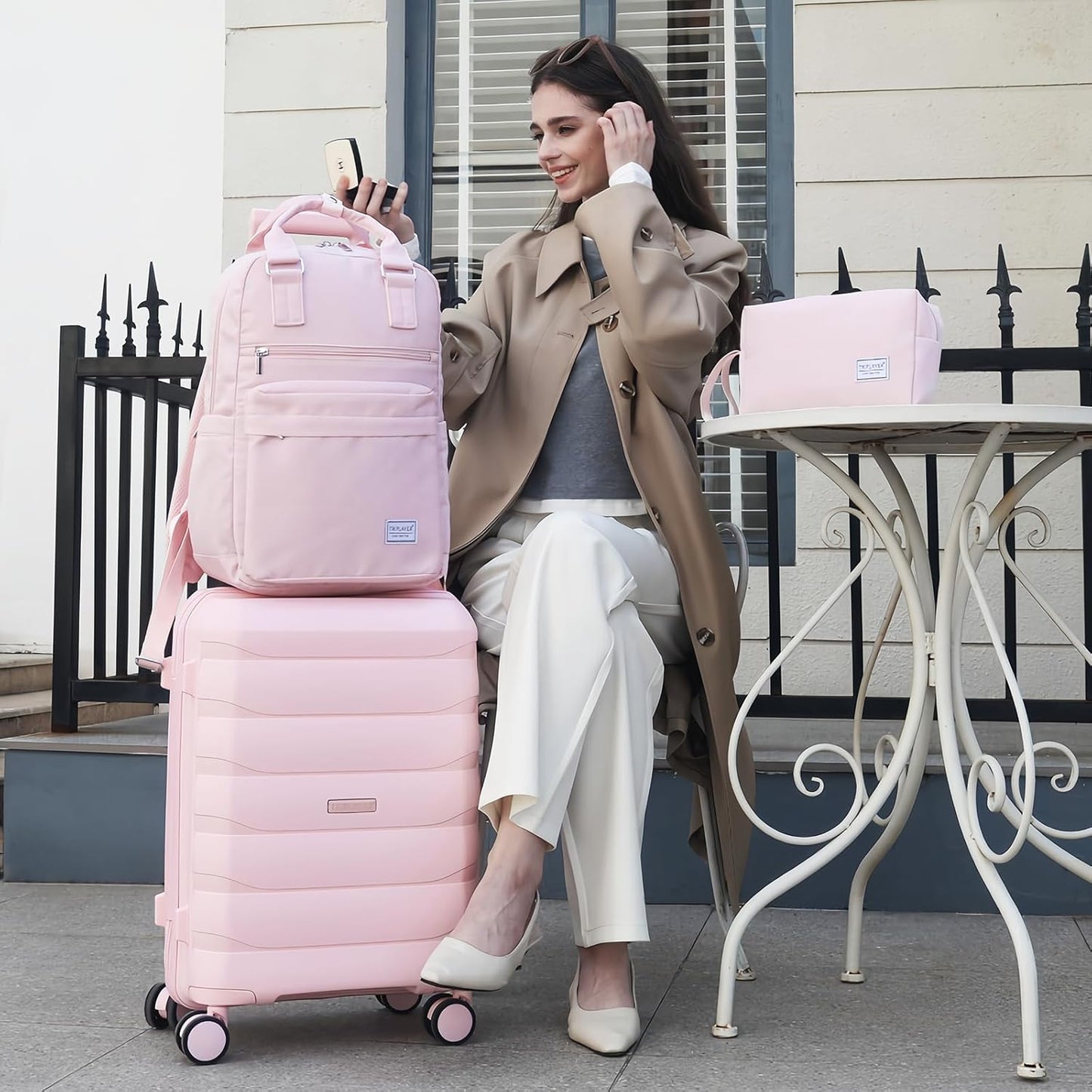 Carry On Luggage 22x14x9 Airline Approved, 22 Inch PP Hardshell Luggage Carry-on Suitcase with Spinner Wheels, Carry On Suitcase Set for Women (Pink)