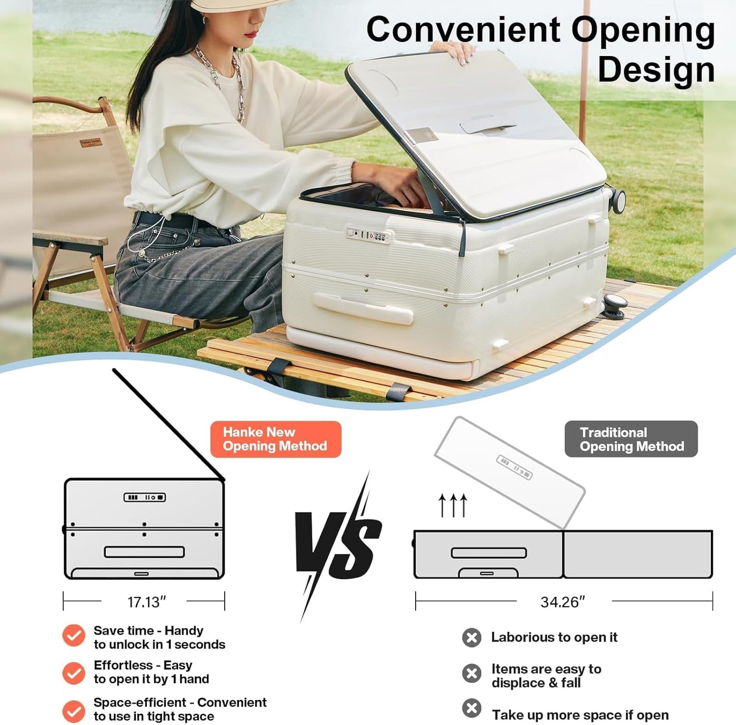 Hanke Multifunctional 26 Inch Checked Luggage Hard Shell Suitcases with Wheels Travel Trunk Style Luggage Large Rolling Suitcase for Women Men(Ivory White)