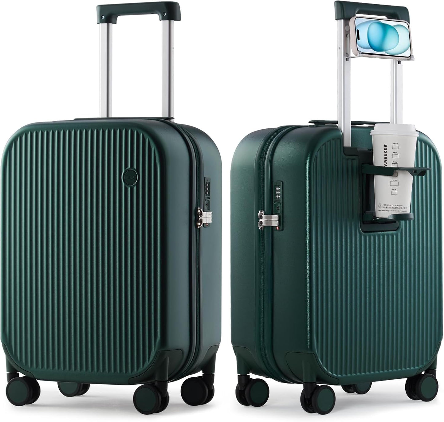 mixi Carry On Luggage with Cup Phone Holder Hard Shell Rolling Travel Suitcases with Spinner Wheels,20 Inch Blackish Green