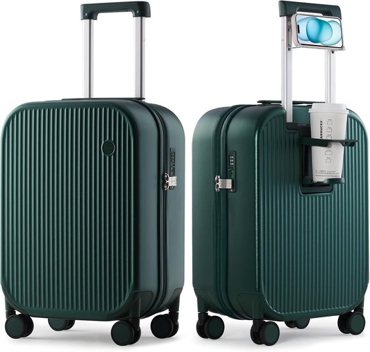 mixi Carry On Luggage with Cup Phone Holder Hard Shell Rolling Travel Suitcases with Spinner Wheels,20 Inch Blackish Green