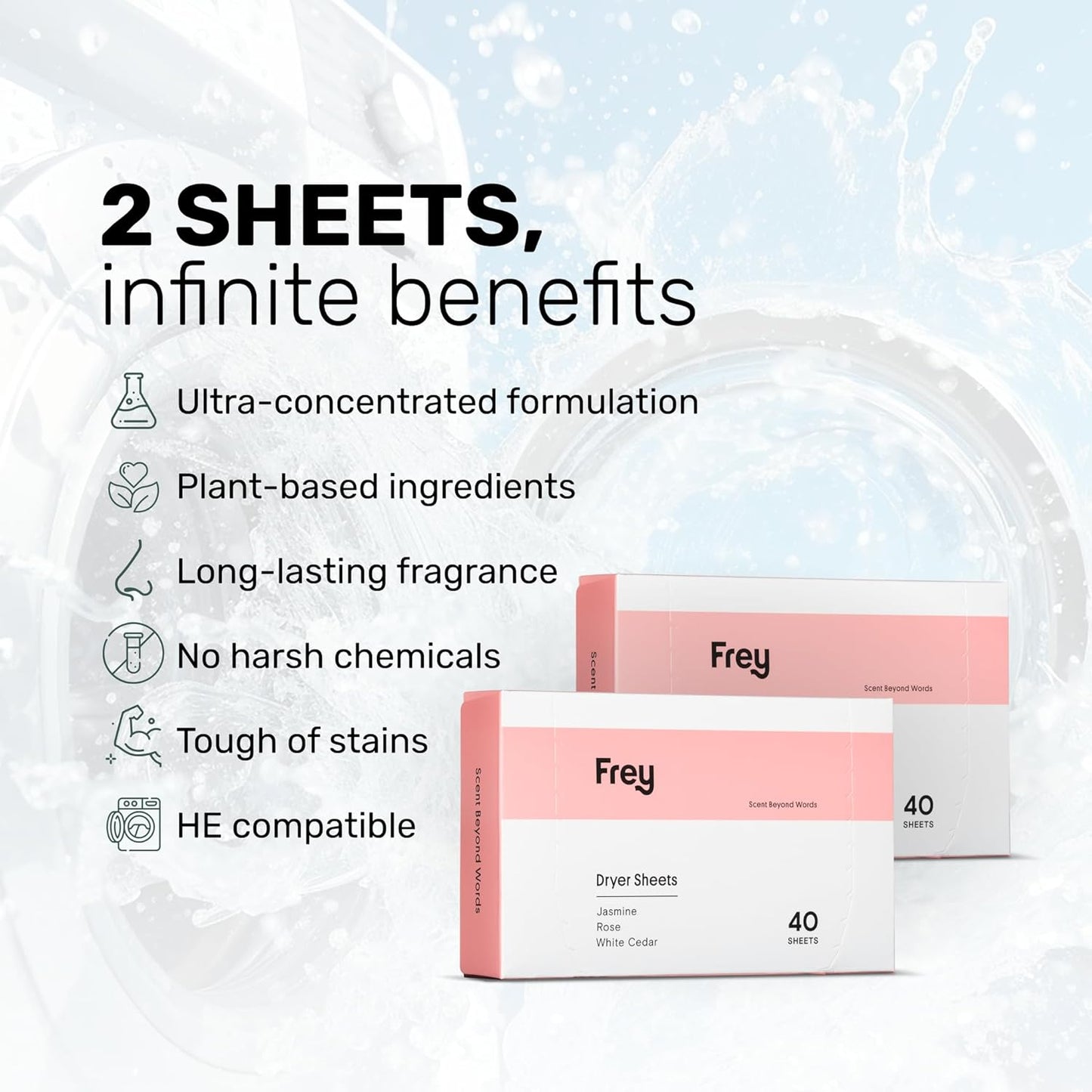 FREY Naturally Scented Dryer Sheets - Fabric Softener for Soft, Fresh & Clean Clothes (2-pack, Jasmine Rose)