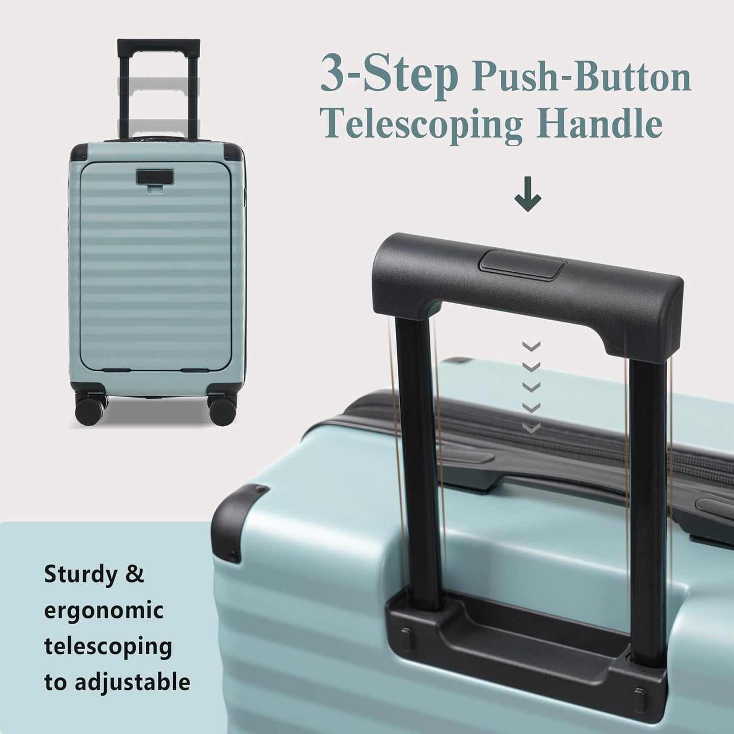 Merax Luggage Sets 3 Piece Front Opening, Hardside Lightweight Carry on Suitcase with Cup Holder USB Port,Durable Expandable Luggage with Bags Spinner Wheels and TSA Lock,Light Blue