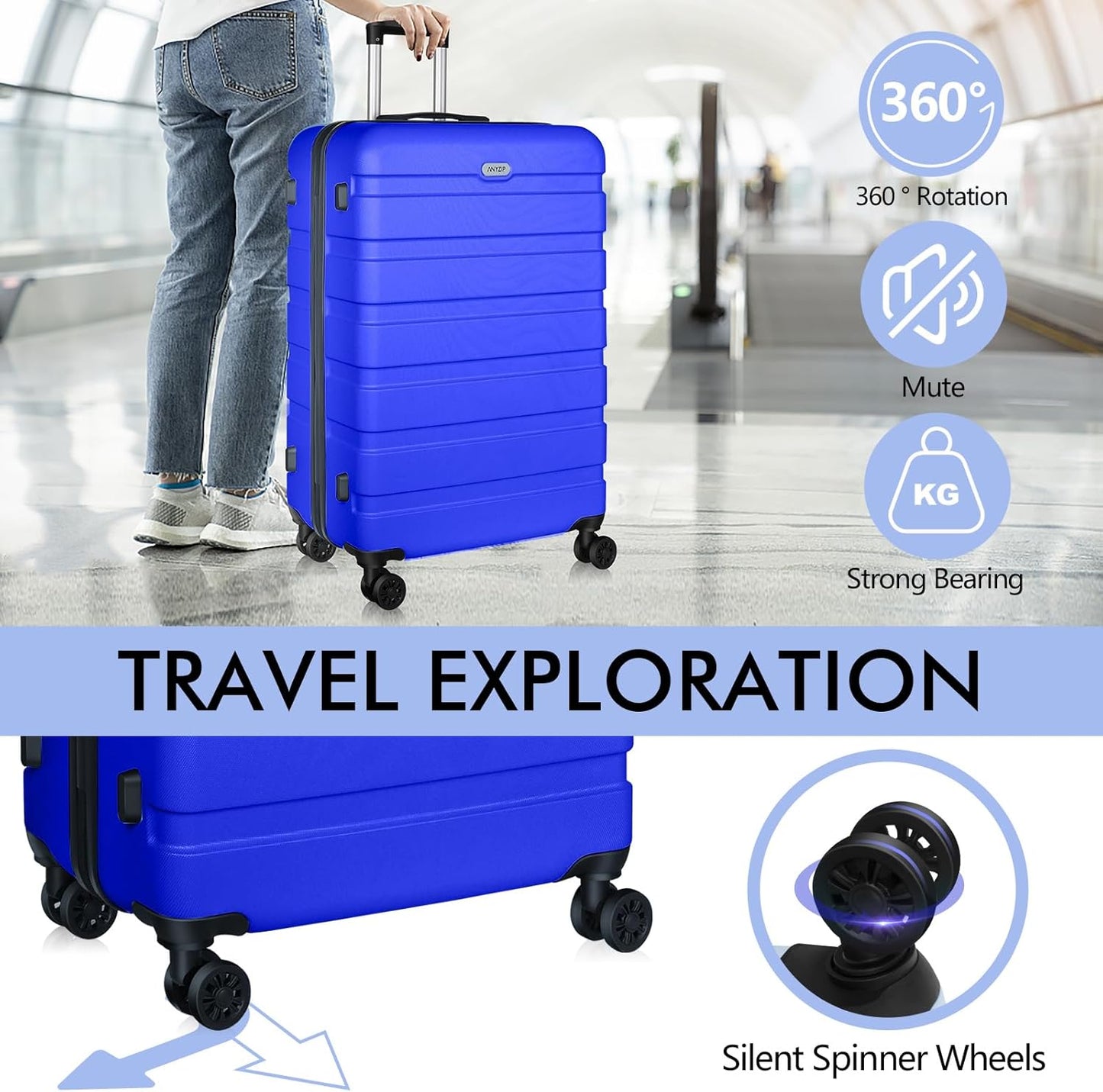 AnyZip Luggage PC ABS Hardside Lightweight Suitcase with 4 Universal Wheels TSA Lock Checked-Large 28 Inch Blue