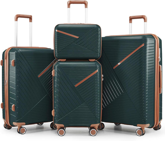 4-Piece Expandable Hardshell Luggage Set with TSA Lock (14/20/24/28) - Lightweight PP Suitcases, 360° Silent Spinner Wheels and Durable 100LB Handle for Air Travel (D# Army Green)