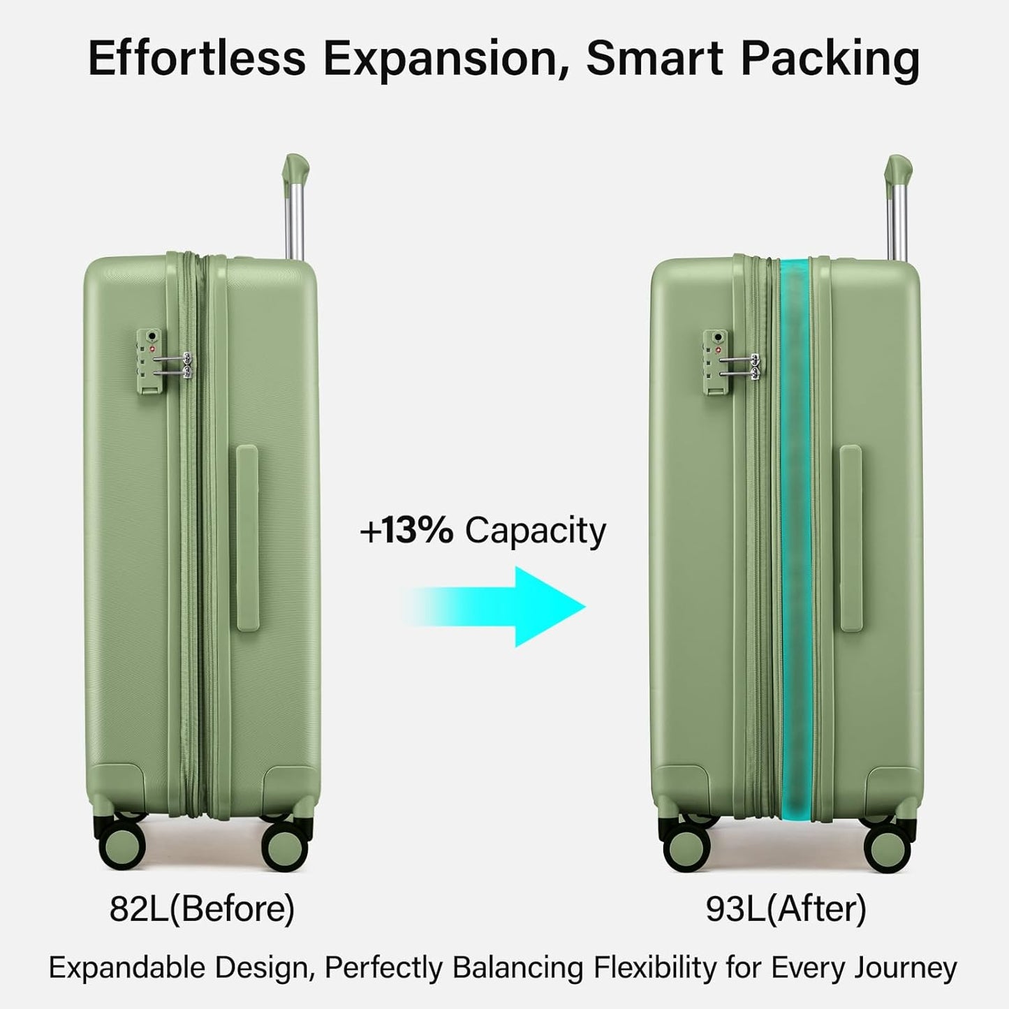Hanke Expandable 26 Inch Luggage with Spinner Wheels, Hardside Large Suitcase, All-PC Hard Shell Travel Luggage, TSA Lock, Lightweight Durable Checked-Medium (Bamboo Green, 93L)