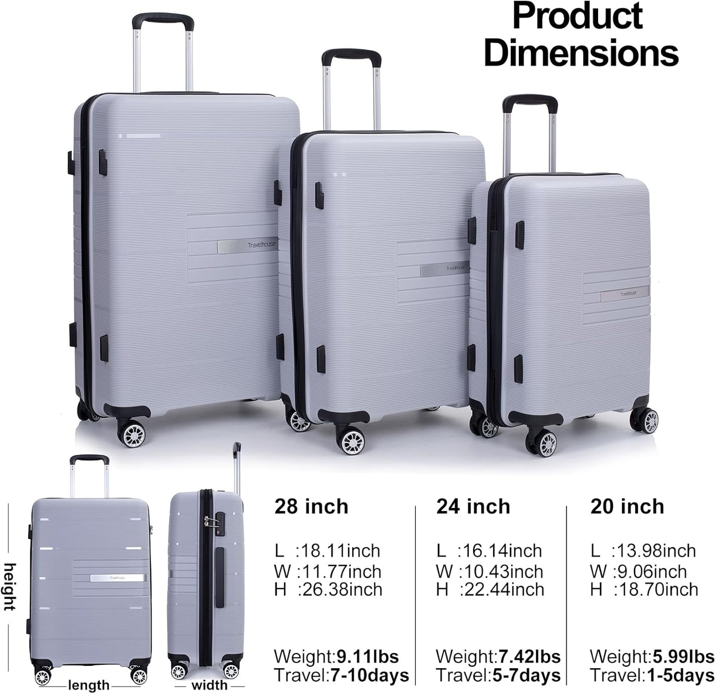 Luggage 3 Piece Sets Suitcase Set with Double Spinner Wheels, Lightweight Carry On Hardside Travel Luggage with TSA Lock, (20/24/28) (Silver)