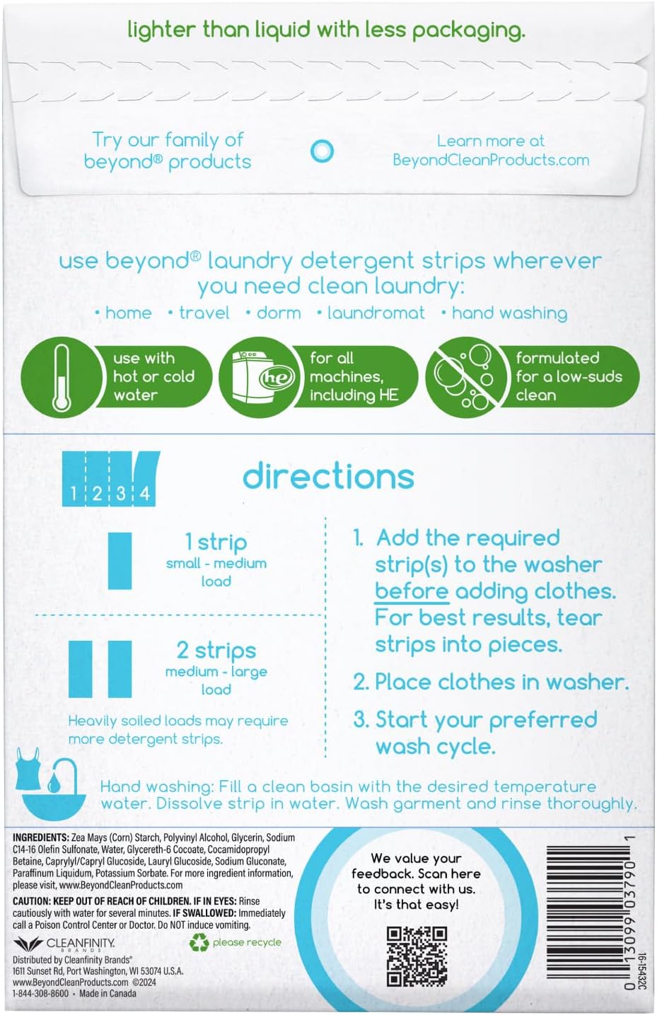 Beyond Laundry Detergent Strips [12 packs of 32 strips] - Free & Clear - Eco-friendly, Hypoallergenic. Travel friendly. Dissolvable Strips