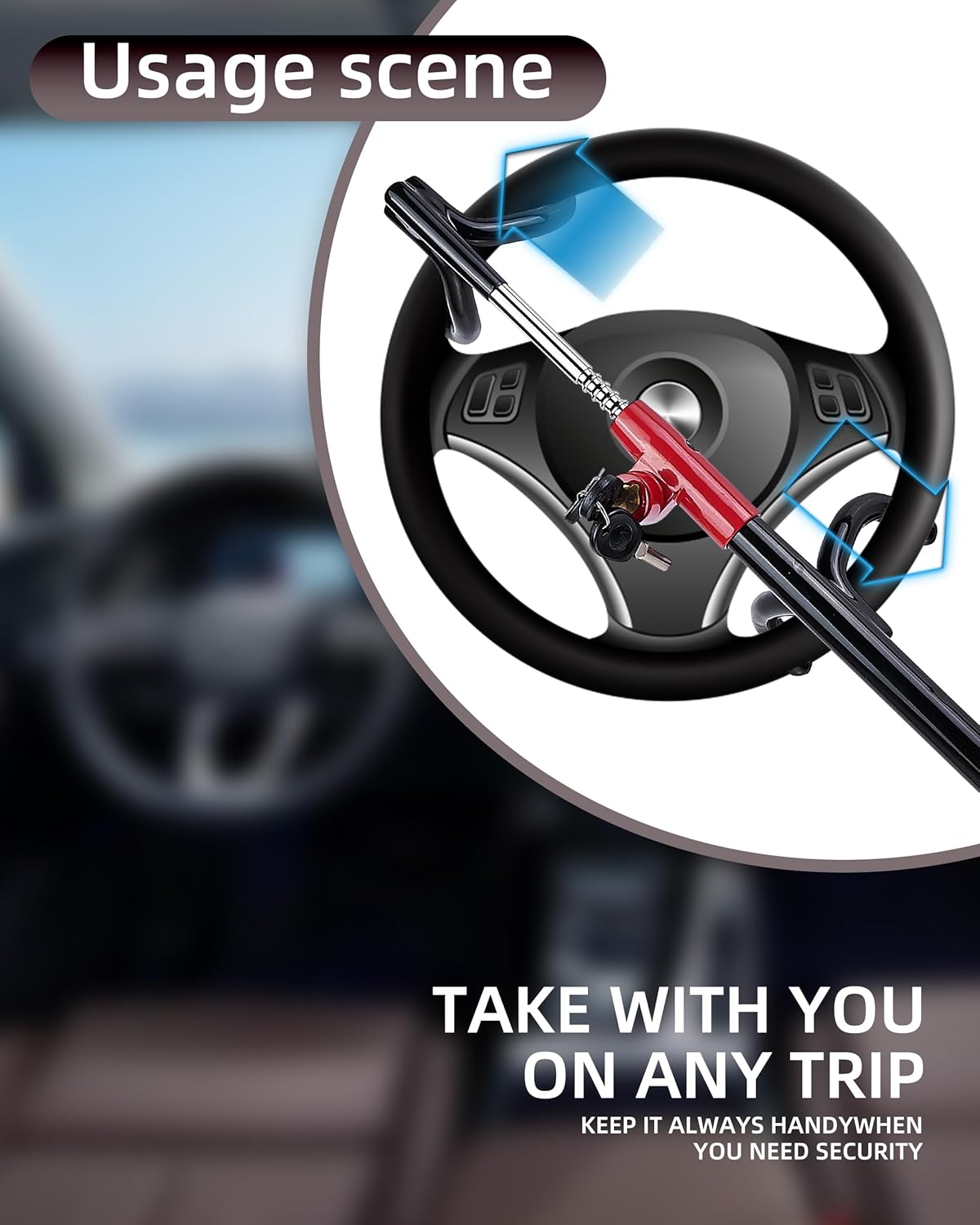 Dodomes Steering Wheel Lock Anti-Theft Heavy Duty Secure Car Device, Adjustable Length Clamp Double Hook Locks Universal Fit Black