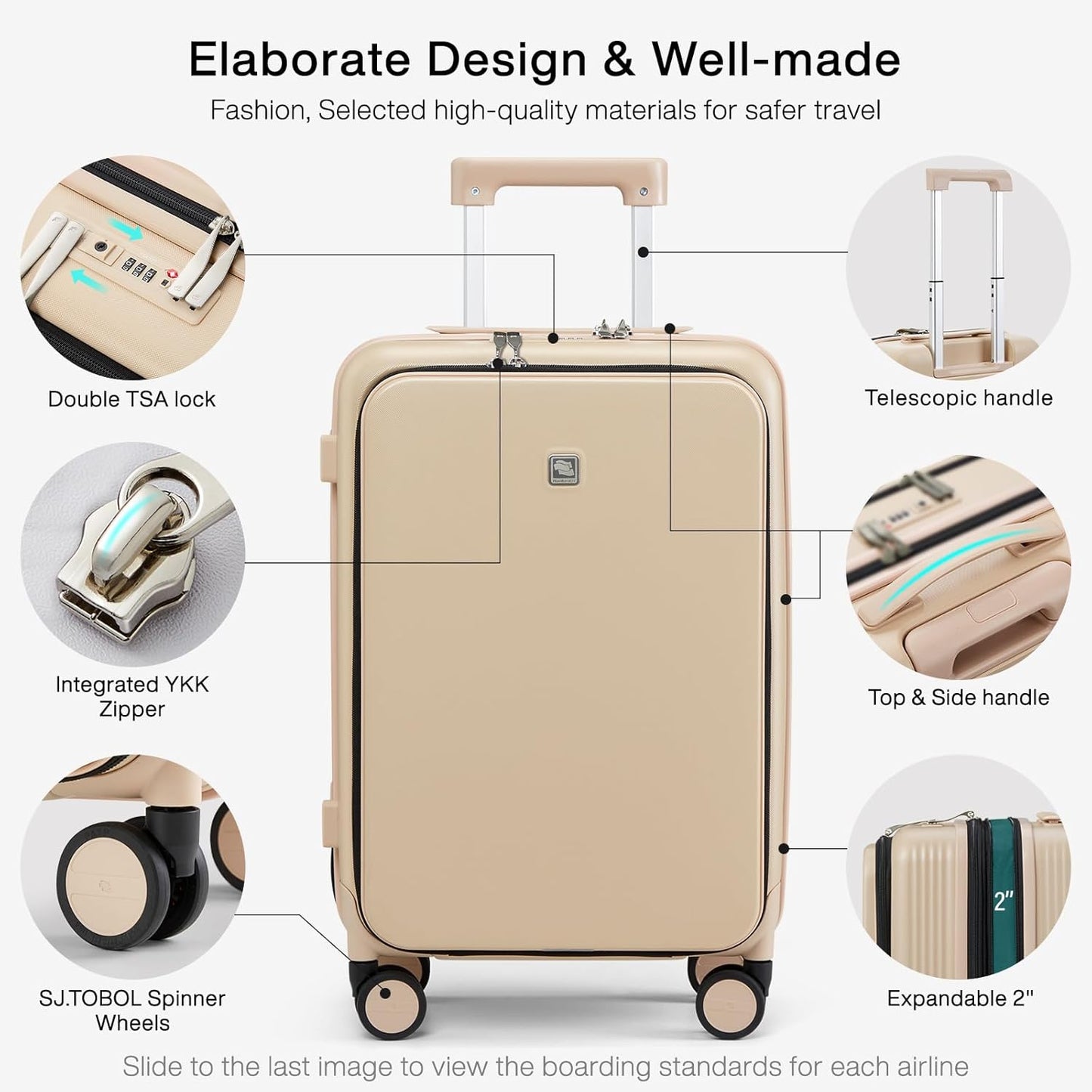 Hanke Grace Expandable Carry On Luggage with Wheels Airline Approved Hard Shell Suitcases with Front Pocket，Top Opening Luggage with TSA Lock for Short Business Travel, Cuban Sand.