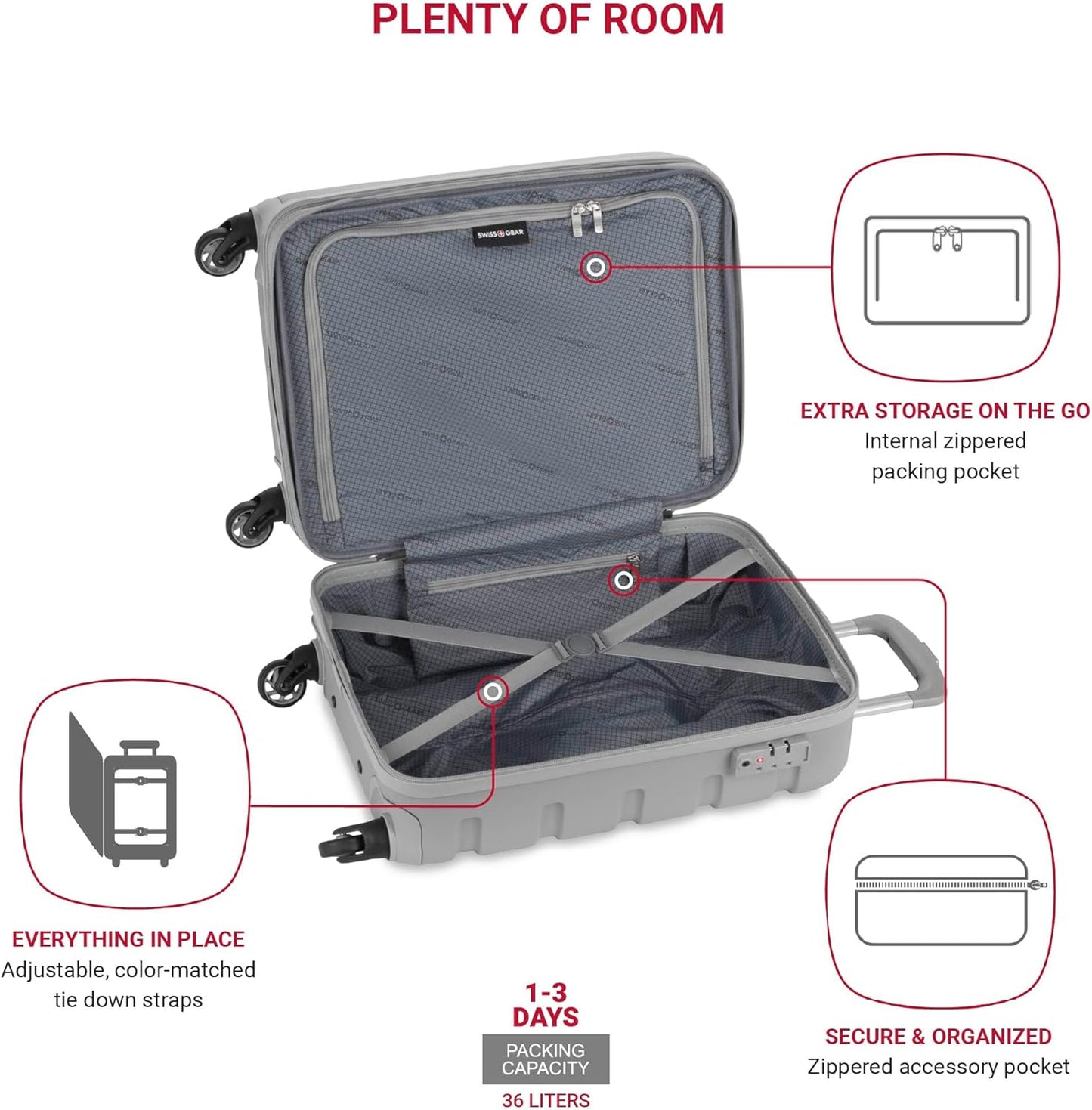 SwissGear 7366 Signature Hardside Expandable Luggage with Spinner Wheels, TSA Lock, Cup-Holder, Grey, Carry-On 19-Inch