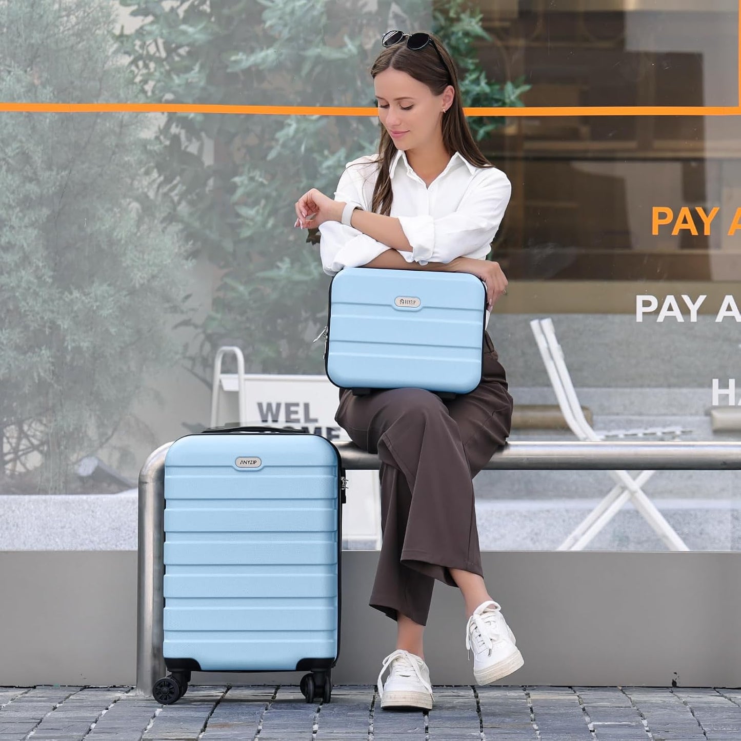 AnyZip Carry On Luggage 2PCS Luggage Set PC ABS Hardshell Lightweight Suitcase TSA Lock with 4 Spinner Wheels（14/20, Light Blue）