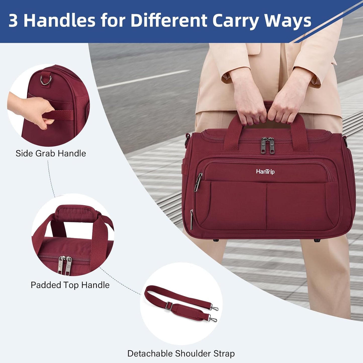 Carry on Duffel Bag Foldable Duffle Bags for Travel, Under Seat Personal Item Bags for Airplanes, Weekender Overnight Mens Travel Tote Bag for Women Small Softside Carry on Luggage (Burgundy)