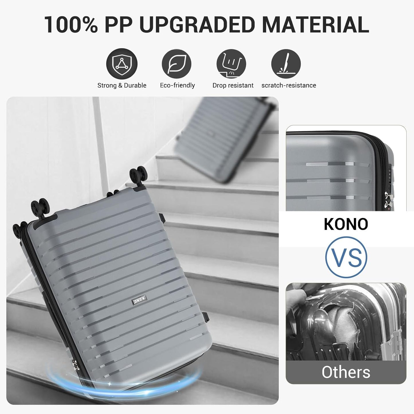 Kono 20 Inch Expandable Carry On Luggage with Spinner Wheels, Durable Hardside Luggage with Hidden Cup Holder, Lightweight Hard Shell Carry On Suitcase Airline Approved with TSA Lock(Light Grey)