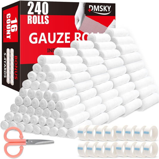 DMSKY 240 Pack Gauze Rolls, 4 in x 4.1 Yards, Individually Wrapped Breathable Rolled Gauze, Premium Bandage Wrap Rolled Gauzes, Mummy Wraps
