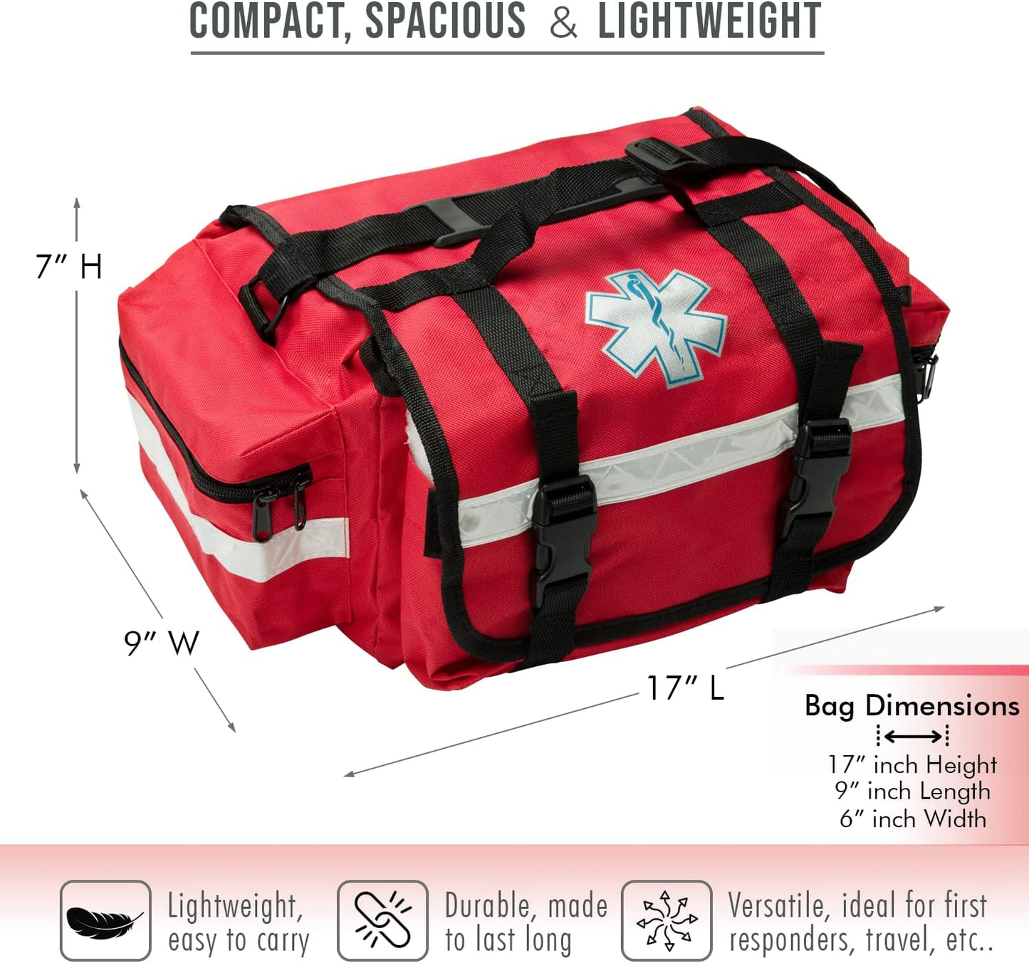 NOVAMEDIC Professional Red First Responder Bag – 17” x 9” x 7” | Empty EMT Trauma Kit Carrier with Removable Dividers, Reflective Strips, Water-Resistant Base