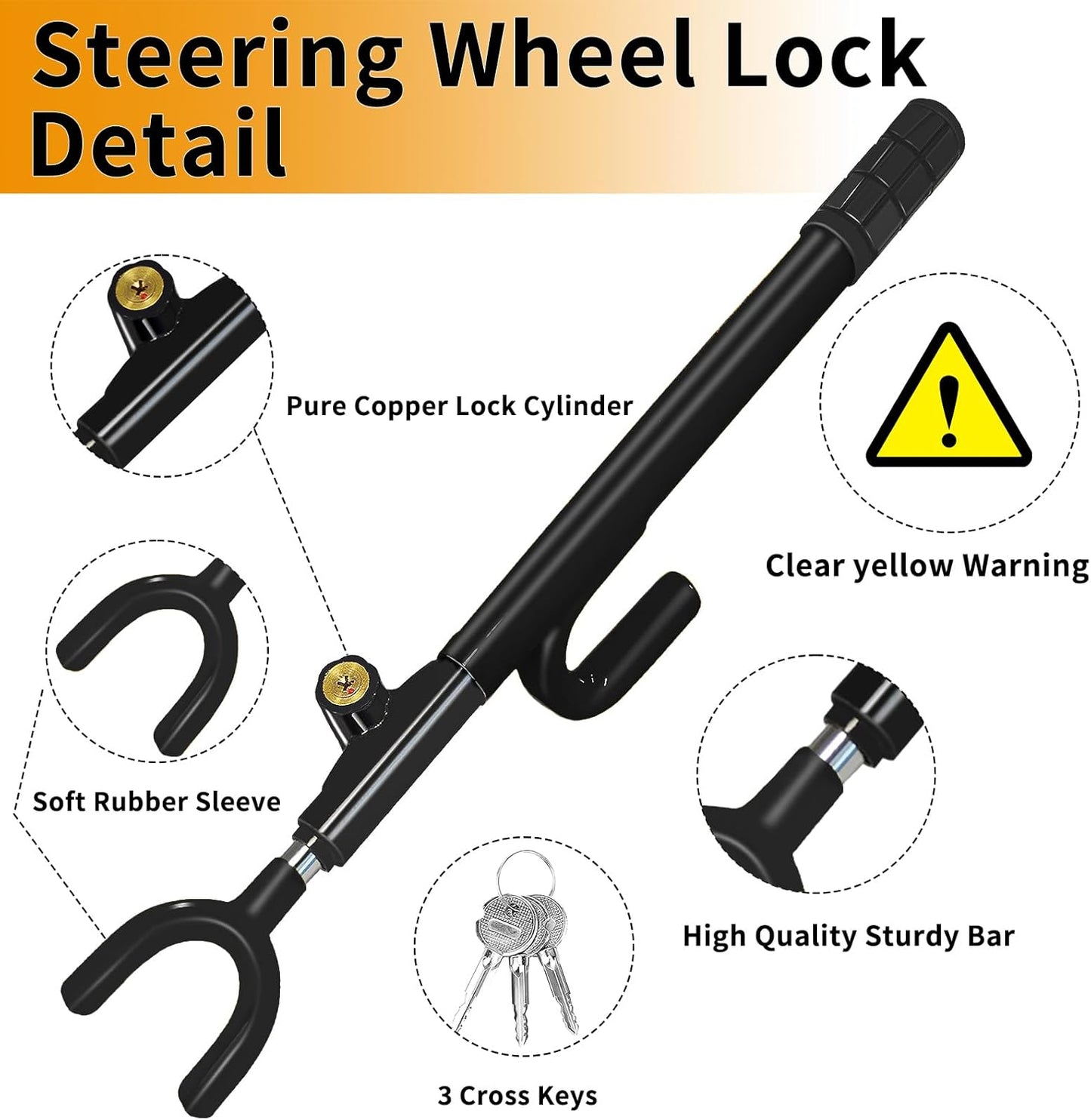 Steering Wheel Lock,Heavy Duty Anti-Theft Car Device,Adjustable Length Locking with 3 Keys Universal Fit for Cars Trucks Vans and SUVs (Black)