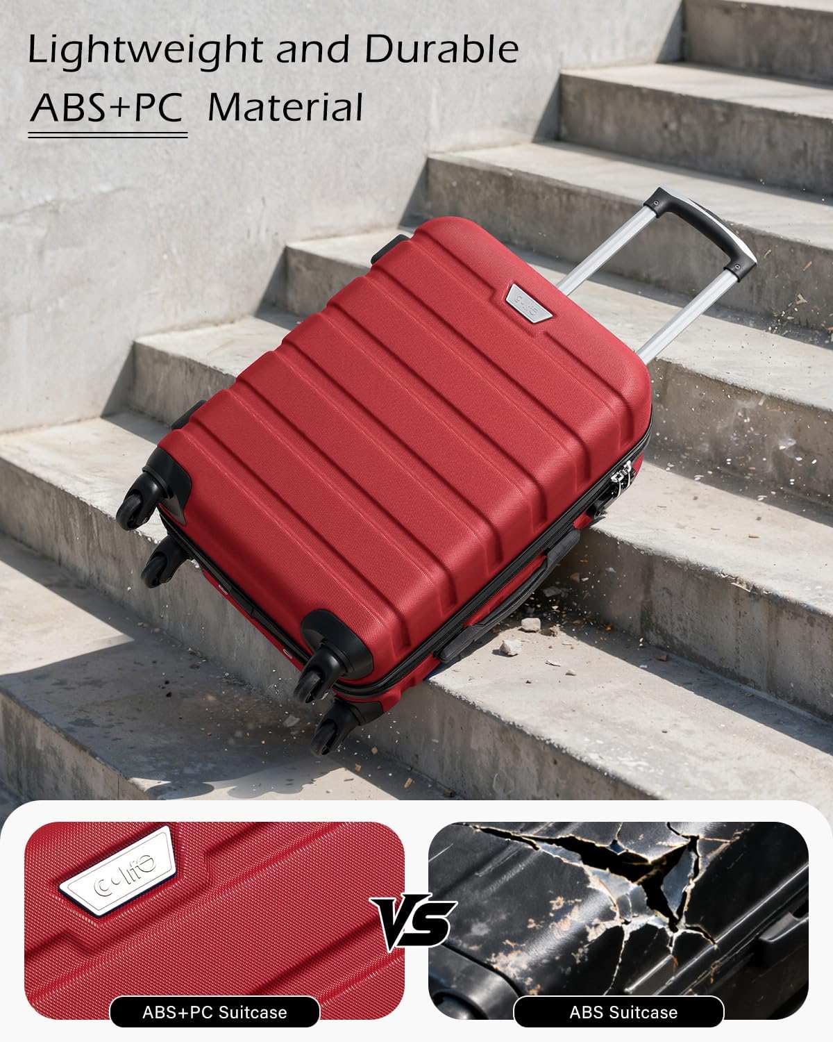 Coolife Luggage 3 Piece Set Suitcase Spinner Hardshell Lightweight TSA Lock (red, 3 piece set(20in24in28in))