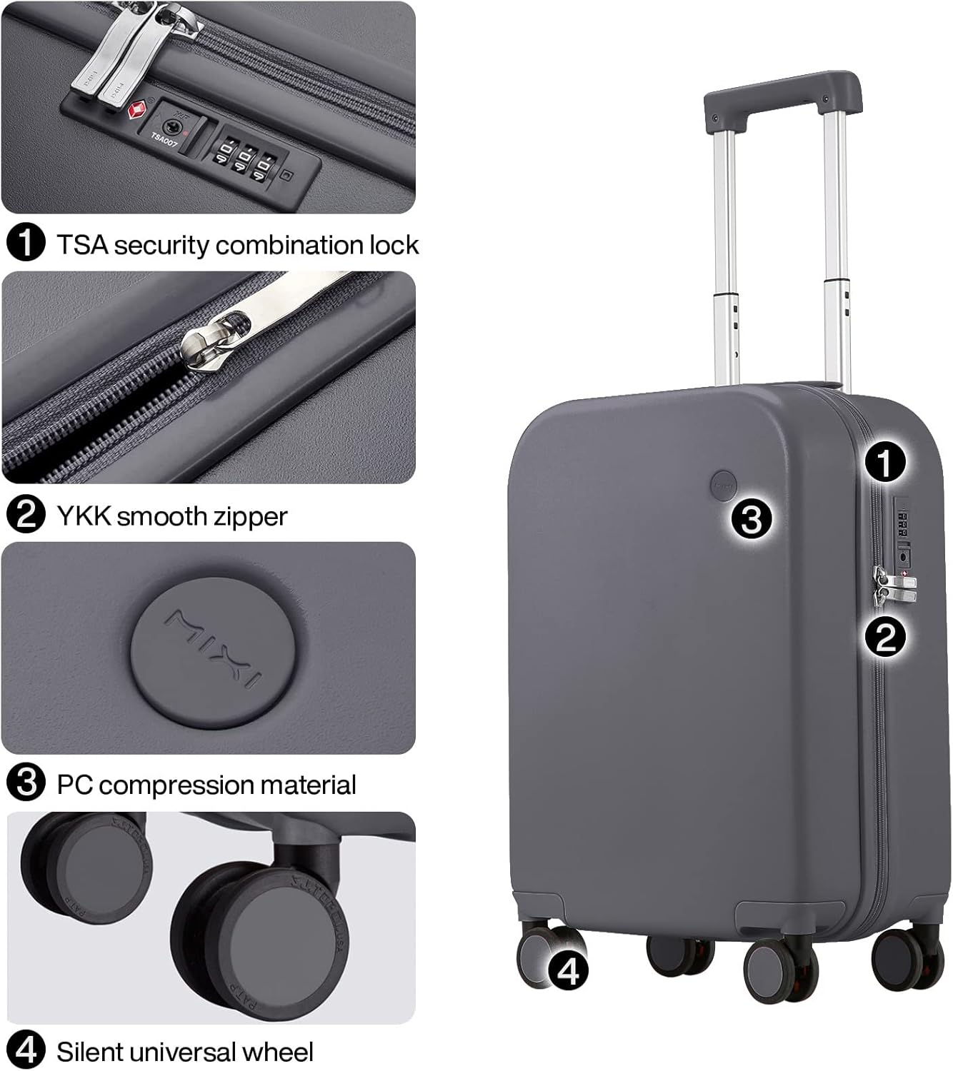 mixi Carry on Luggage, 20'' Suitcase Spinner Wheels Luggage Hardshell Lightweight Rolling Suitcases PC with Cover & TSA Lock for Business Travel, Rock Gray