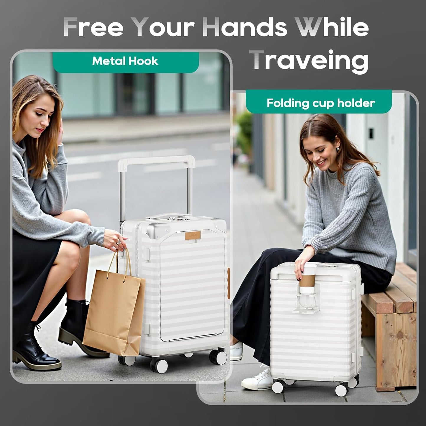 Joyway 20 Inch Carry on Luggage with Front Pocket, PC Hardshell Carry-on Suitcase with USB Port and Cup Holder, 21.5x14.2x9 Airline Approved, Luggage with Spinner Wheels and TSA Lock (White)