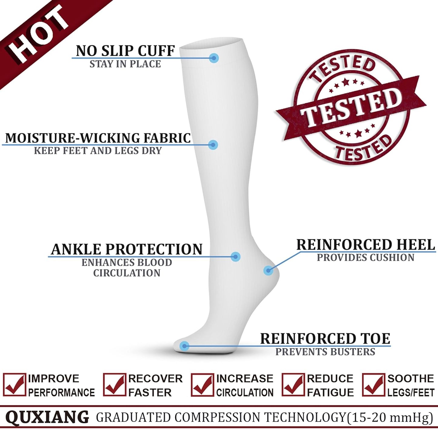 QUXIANG Copper Compression Socks for Women & Men Circulation (8 Pairs) - Best for Running Athletic Cycling - 15-20 mmHg