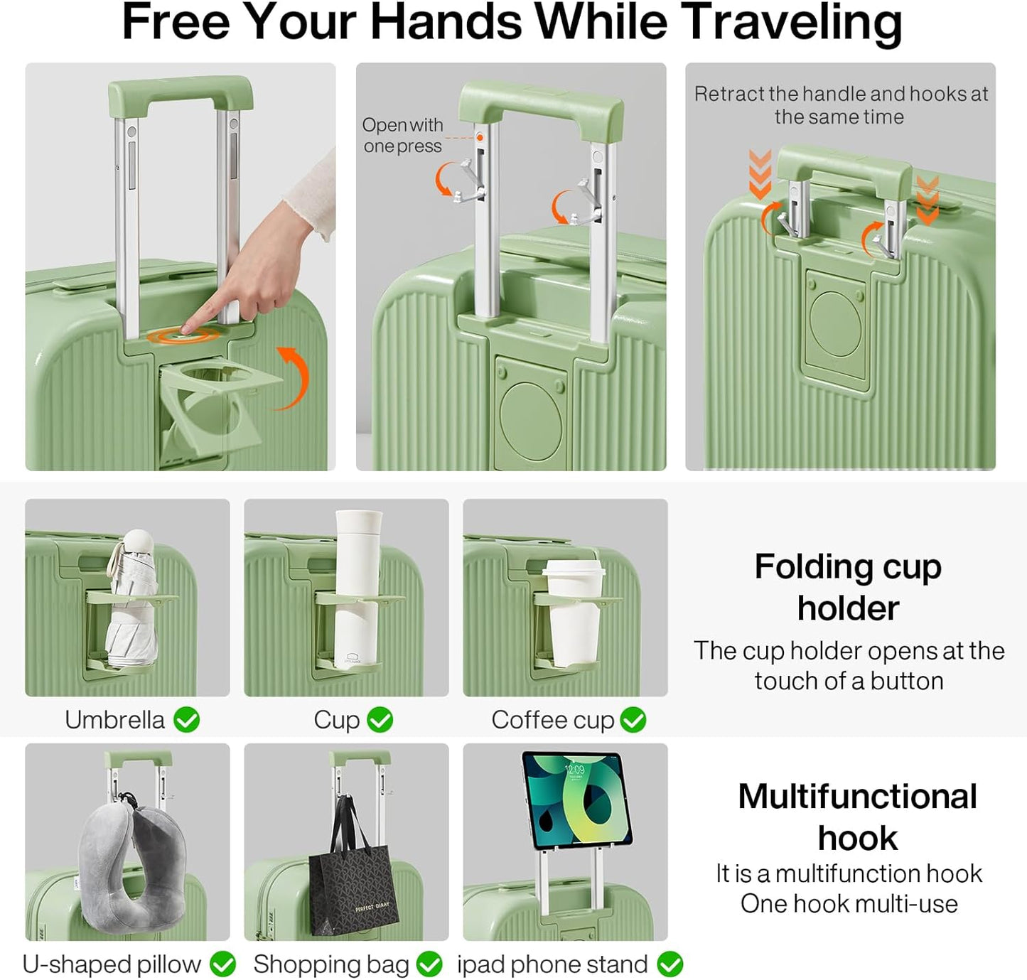 mixi Carry On Luggage with Cup Phone Holder Hard Shell Rolling Travel Suitcase with Spinner Wheels,20 Inch Avocado Green