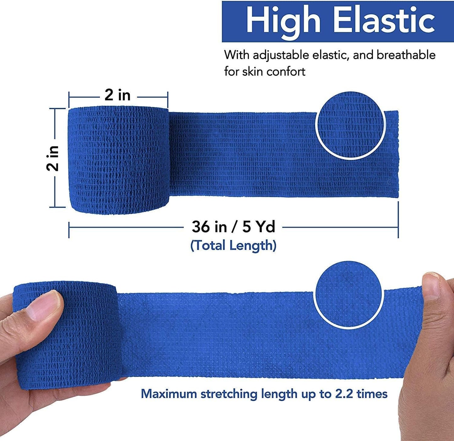 RISEN Cohesive Bandage 2” x 5 Yards, 6 Rolls, Self Adherent Wrap Medical Tape, Adhesive Flexible Breathable First Aid Gauze Ideal for Stretch Athletic