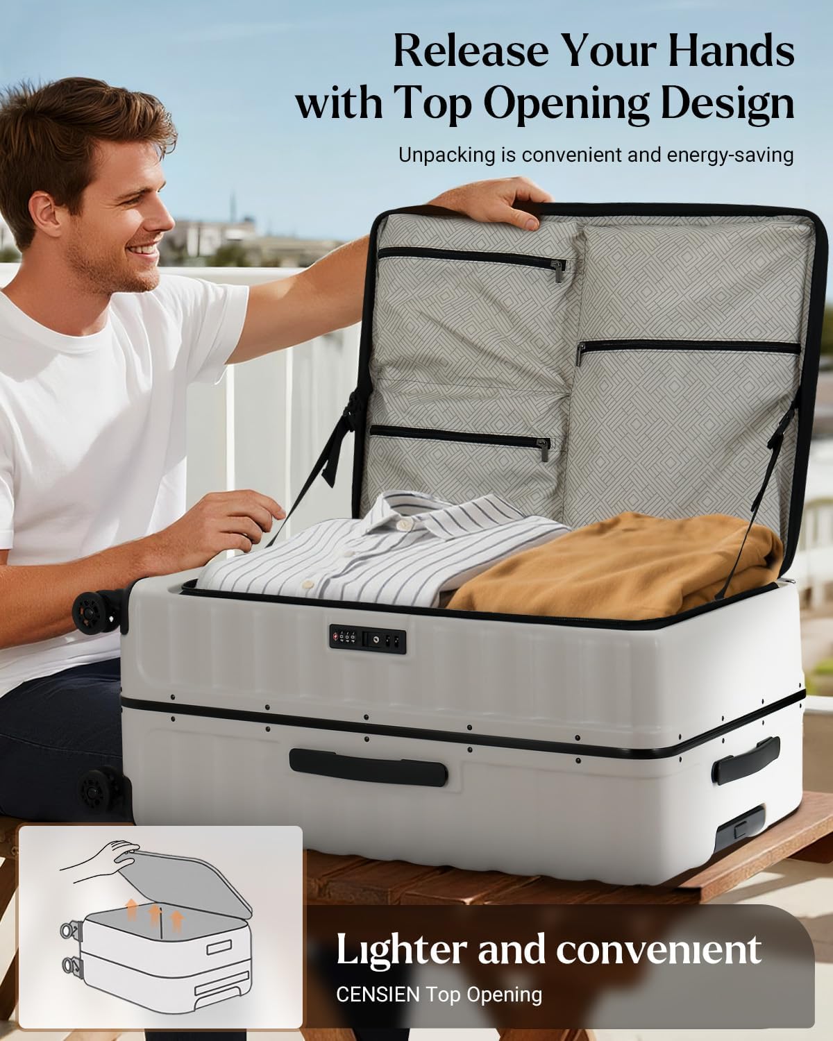 Checked Luggage, 28 Inch Luggage with Spinner Wheels, Large Suitcase with Lightweight PC Hard Shell, Aluminum Frame, Top Opening, YKK Zipper, TSA Lock (White, 1PC)