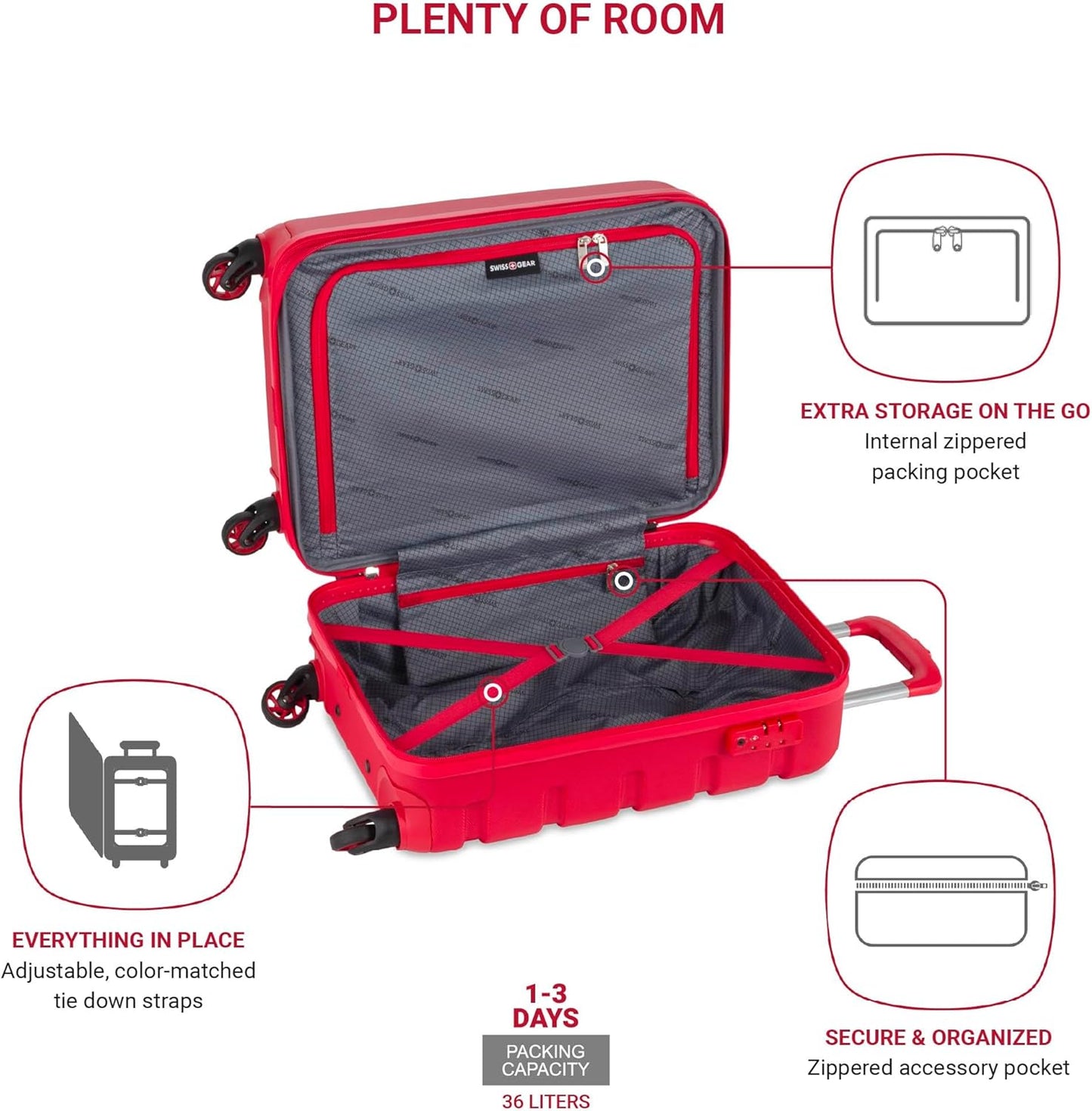 SwissGear 7366 Signature Hardside Expandable Luggage with Spinner Wheels, TSA Lock, Cup-Holder, Red, Carry-On 19-Inch