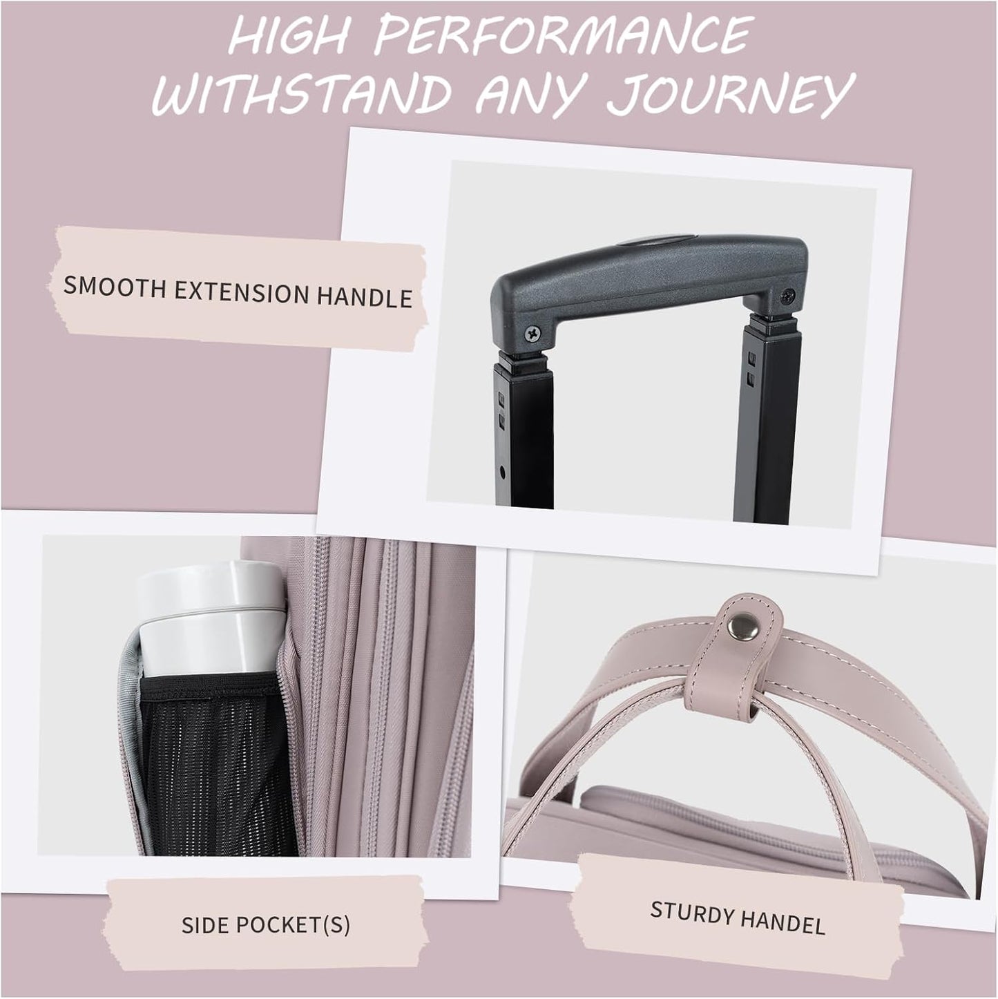 VANKEAN Carry On Underseat 16-inch Multi-functional Underseater Lightweight Overnight Suitcase with Wheels, Roller Case for Women Travel Business, Light Dusty Pink