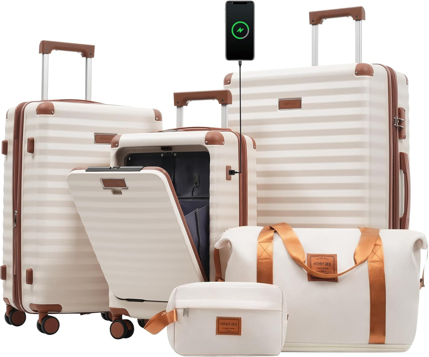 Merax Luggage Sets 3 Piece Front Opening, Hardside Lightweight Carry on Suitcase with Cup Holder USB Port,Durable Expandable Luggage with Bags Spinner Wheels and TSA Lock,White and Brown