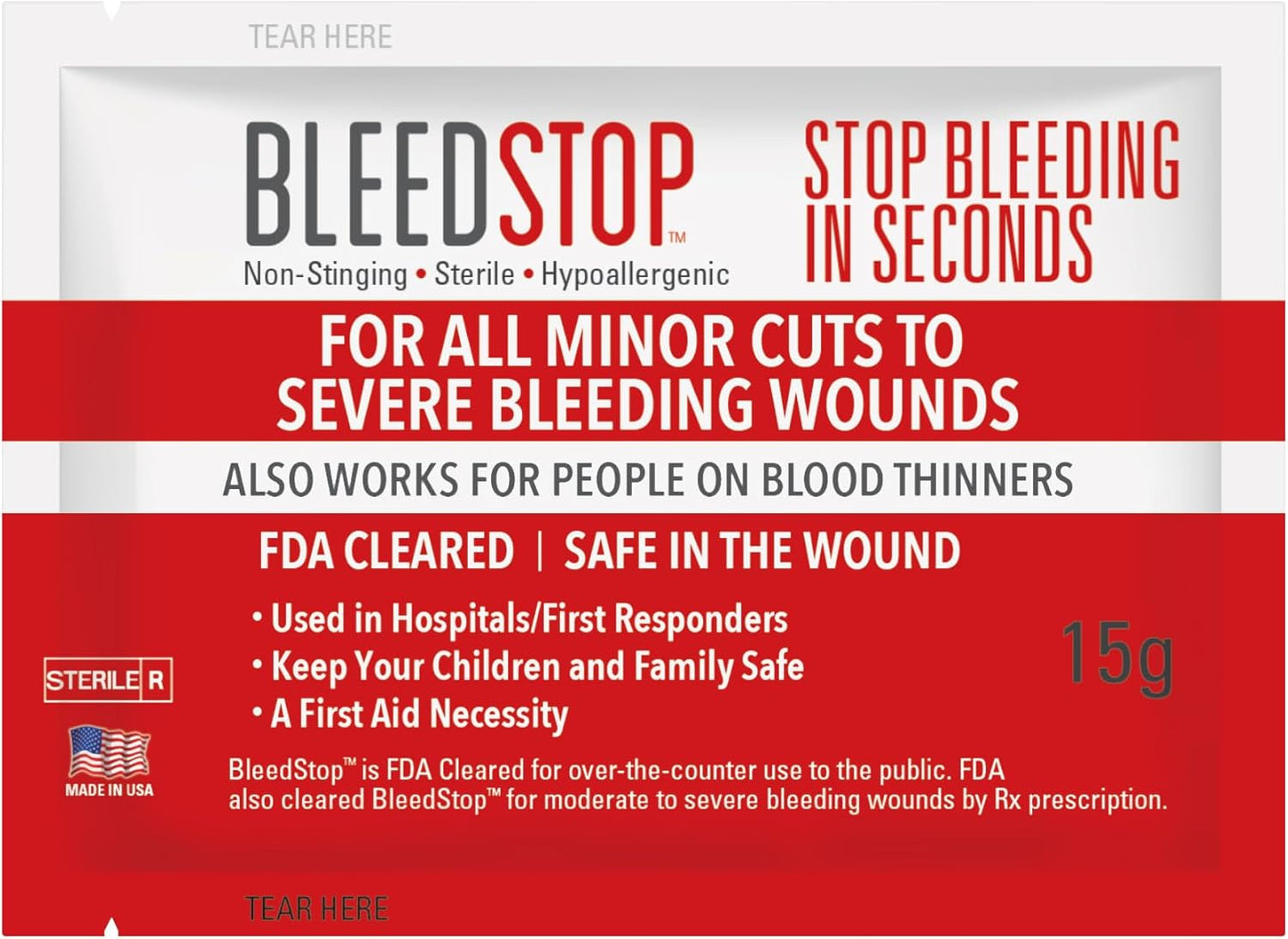 BleedStop™ First Aid Powder for Blood Clotting, Trauma Kit, Blood Thinner Patients, Camping Safety, and Survival Equipment for Moderate to Severe Bleeding Wounds or Nosebleeds - 4 (20g) Pouches