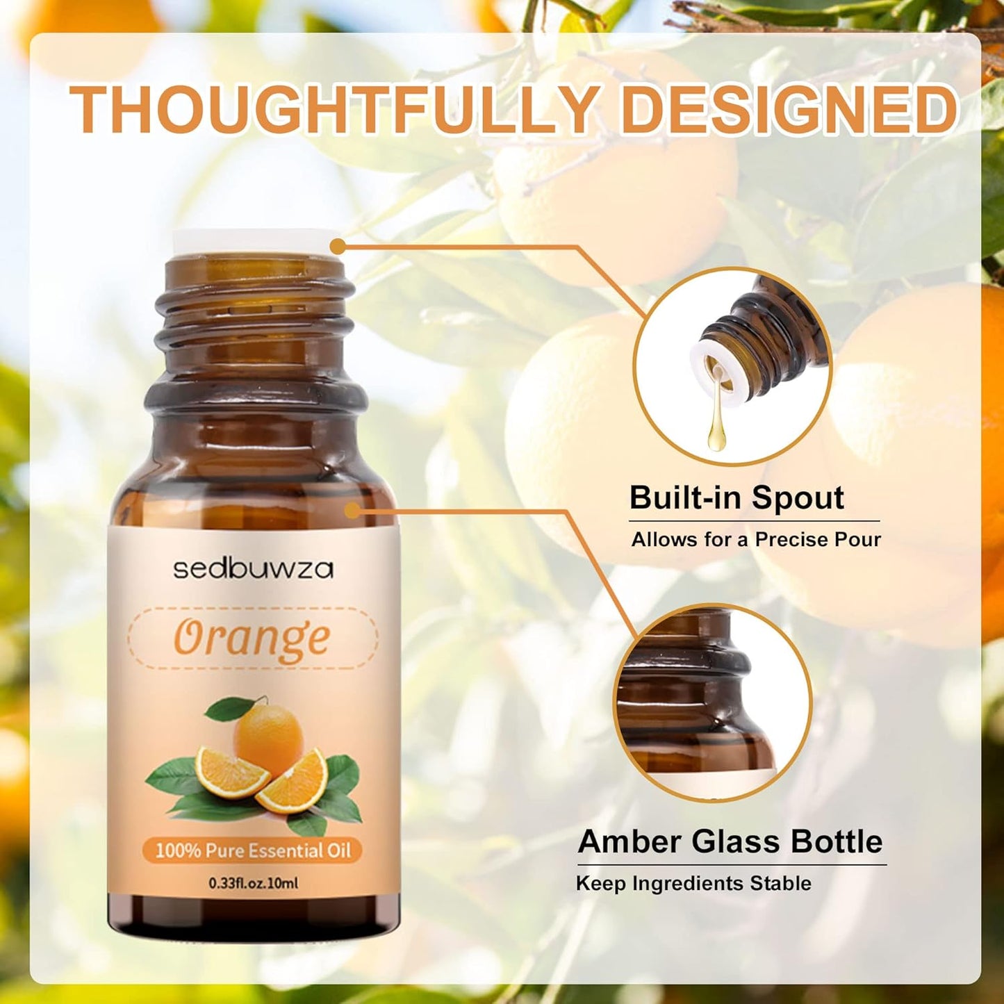 Sedbuwza Orange Essential Oil, Pure Organic Orange Fragrance Oil for Diffuser, Humidifier, Soap, Candle, Perfume