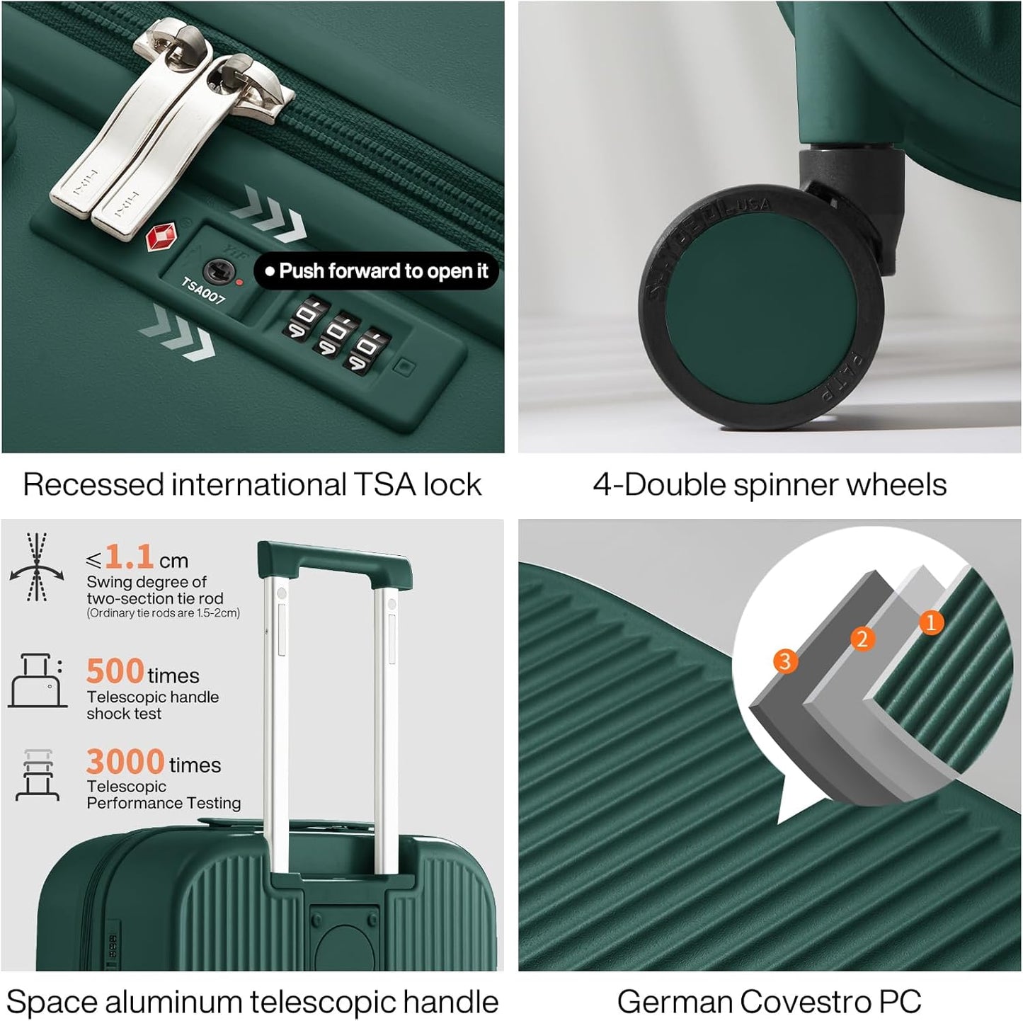 mixi Checked Luggage with Cup Phone Holder Hard Shell Rolling Travel Suitcases with Spinner Wheels,24 Inch Blackish Green