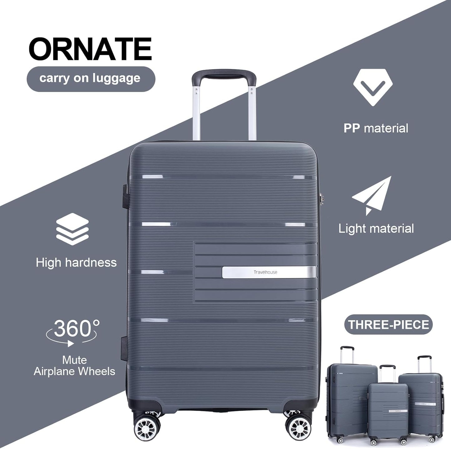 Luggage 3 Piece Sets Suitcase Set with Double Spinner Wheels, Lightweight Carry On Hardside Travel Luggage with TSA Lock, (20/24/28) (Gray)