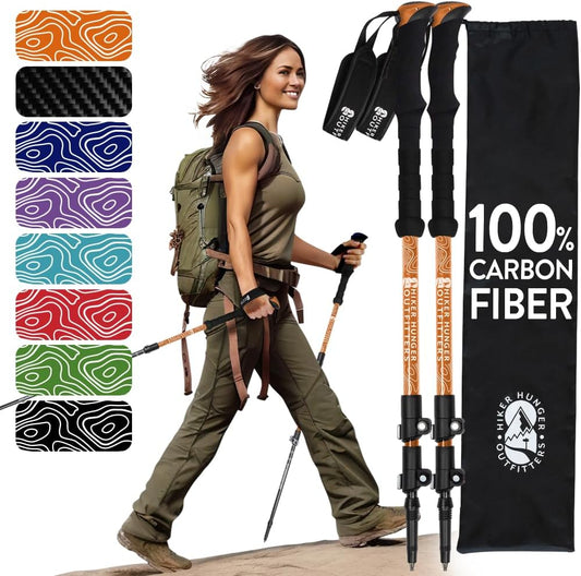 100% Carbon Fiber Trekking Poles by USA Brand - Ultra Strong Lightweight Collapsible Hiking Poles with Cork and EVA Foam Grips & Quick Adjustable Flip Locks