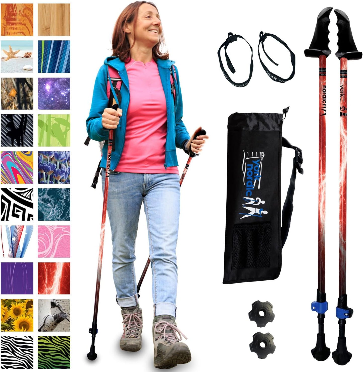 York Nordic Motivator Walking Poles for Balance and Rehab - Patented Stability Grips - Lightweight, Adjustable, and Collapsible - 2 Pieces Adjustable w/flip Locks - Heights 4'6" up to 6'2" - 230 lbs