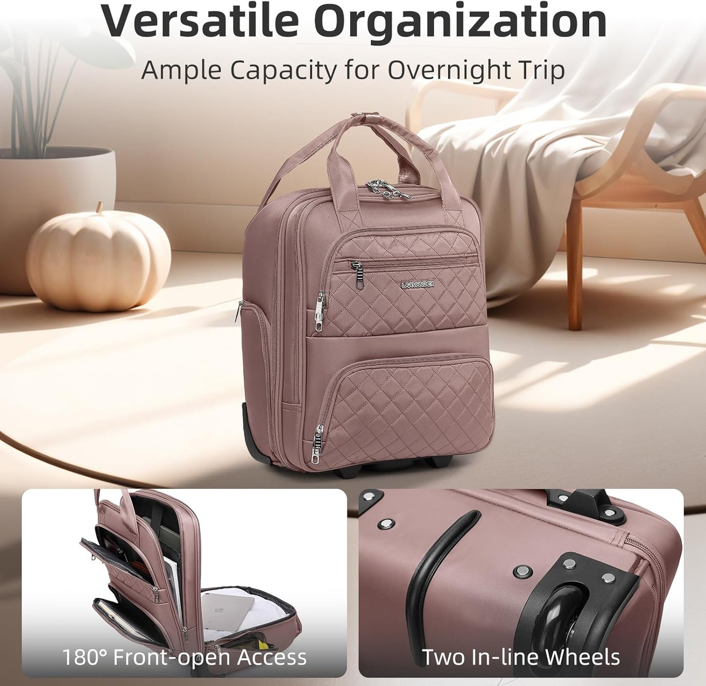 LARVENDER Underseat Carry On Luggage with Wheels Softside 16-inch Underseater Luggage Lightweight Overnight Suitcase for Men Women, Pink, 3 Piece (16/BP/TB)