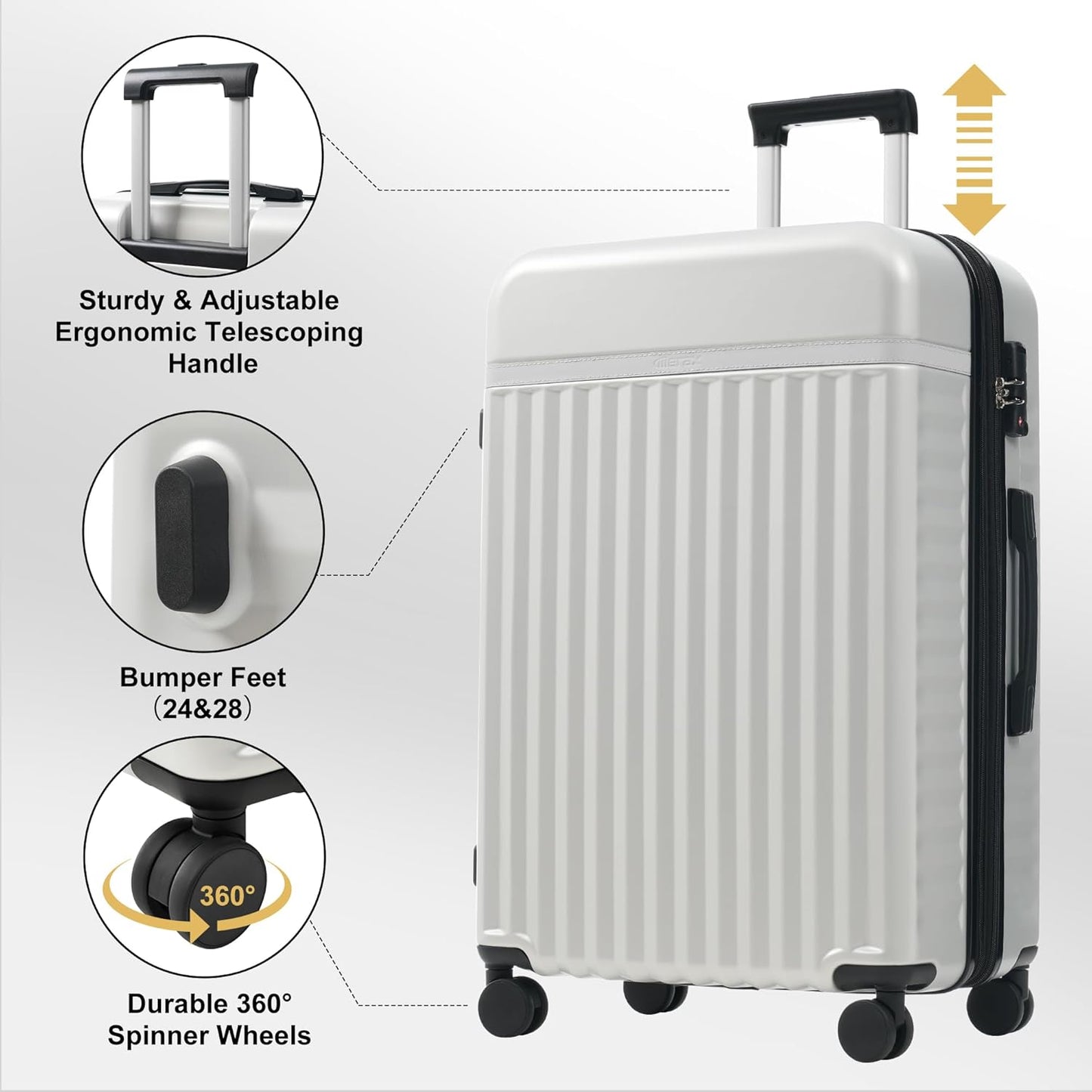 Merax Luggage Sets, Durable Hardshell 3 Piece Suitcase with Double Spinner Wheels and Handle Bags,Lightweight Carry on Luggage with TSA Lock,20+24+28 inches,White Grey