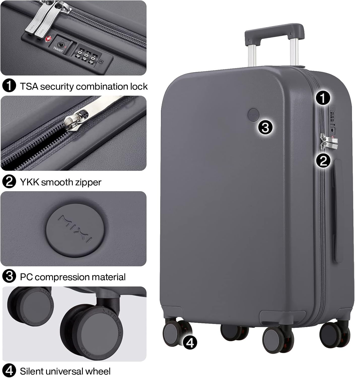 mixi Luggage Suitcase with Spinner Wheels, Hardside Rolling Suitcase PC with Cover & TSA Lock Lightweight Travel Case 28in Checked in, Rock Gray