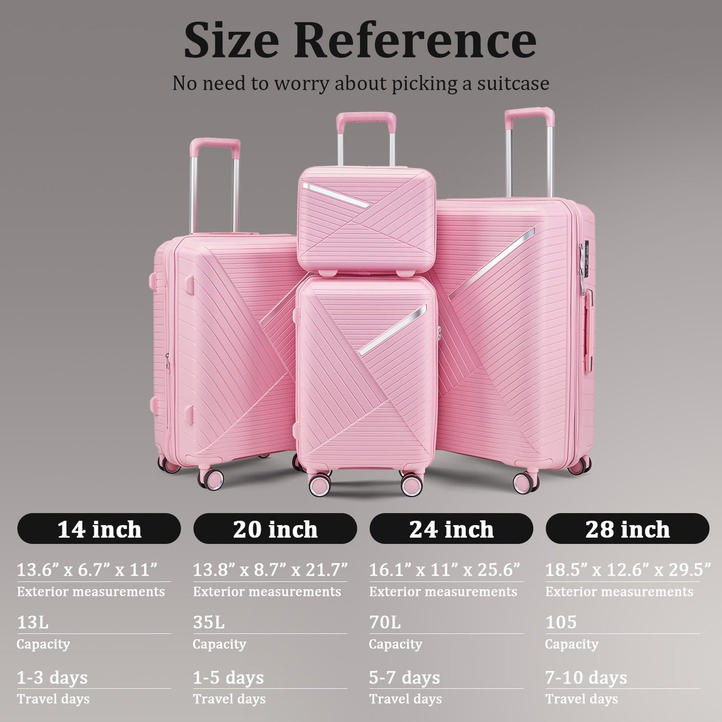 4-Piece Expandable Hardshell Luggage Set with TSA Lock (14/20/24/28) - Lightweight PP Suitcases, 360° Silent Spinner Wheels and Durable 100LB Handle for Air Travel (D# Pink)