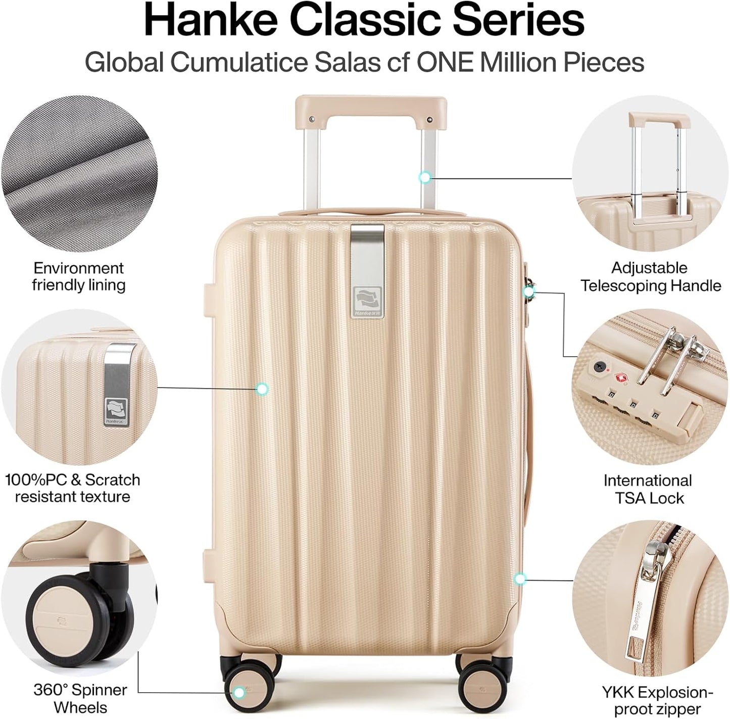 Hanke 20 Inch Carry On Luggage 22x14x9 Airline Approved Lightweight PC Hard Shell Suitcases with Wheels Travel Luggage Rolling Suitcase Travel Luggage Bag for Weekender（Cuba Sand）