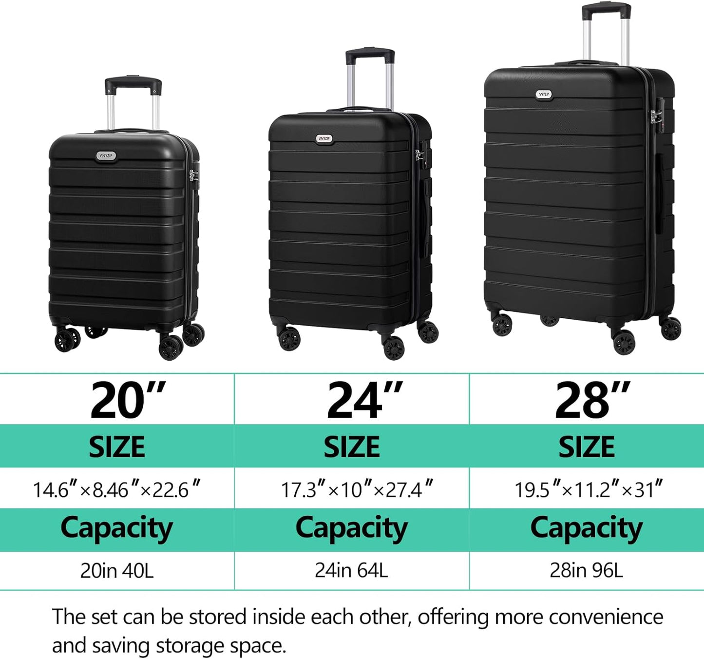 AnyZip Luggage Sets 3 Piece Hardshell Suitcase Set PC ABS Lightweight Travel Suitcases with 4 Double Spinner Wheels TSA Lock 20 24 28 Inch Black