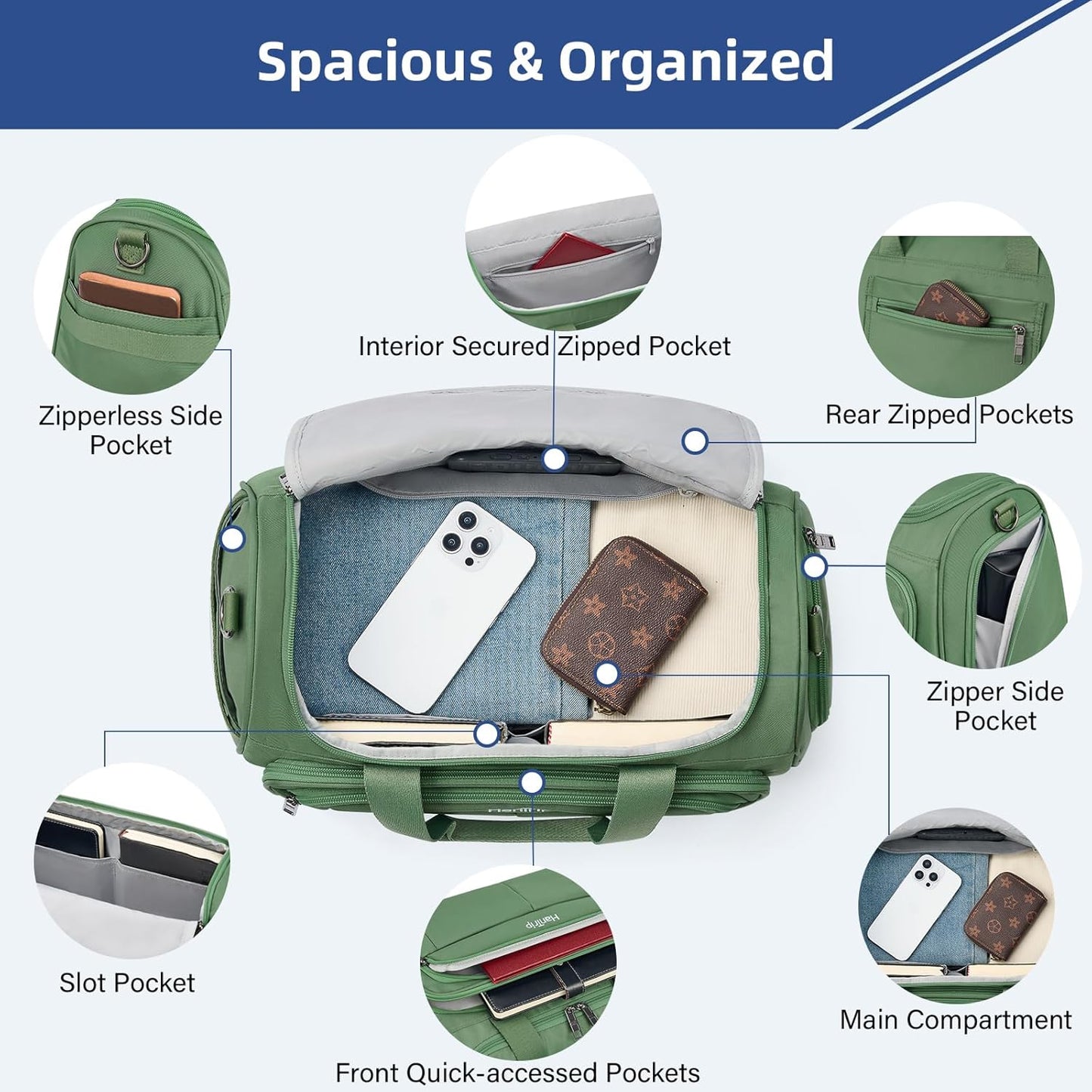 Carry on Duffel Bag Foldable Duffle Bags for Travel, Under Seat Personal Item Bags for Airplanes, Weekender Overnight Mens Travel Tote Bag for Women Softside Carry on Luggage (Forest Green)