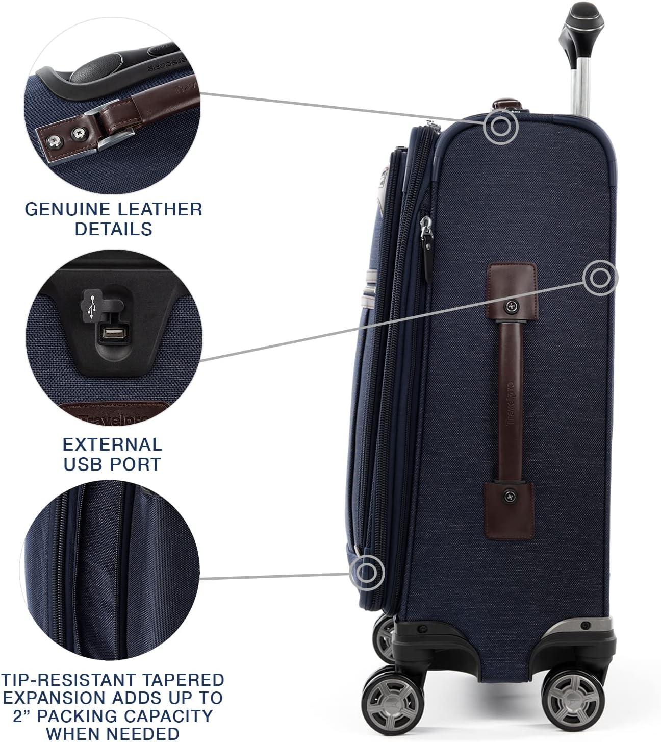 Travelpro Platinum Elite Softside Expandable Carry on Luggage, 8 Wheel Spinner Suitcase, USB Port, Suiter, Men and Women, True Navy Blue, Carry On 21-Inch