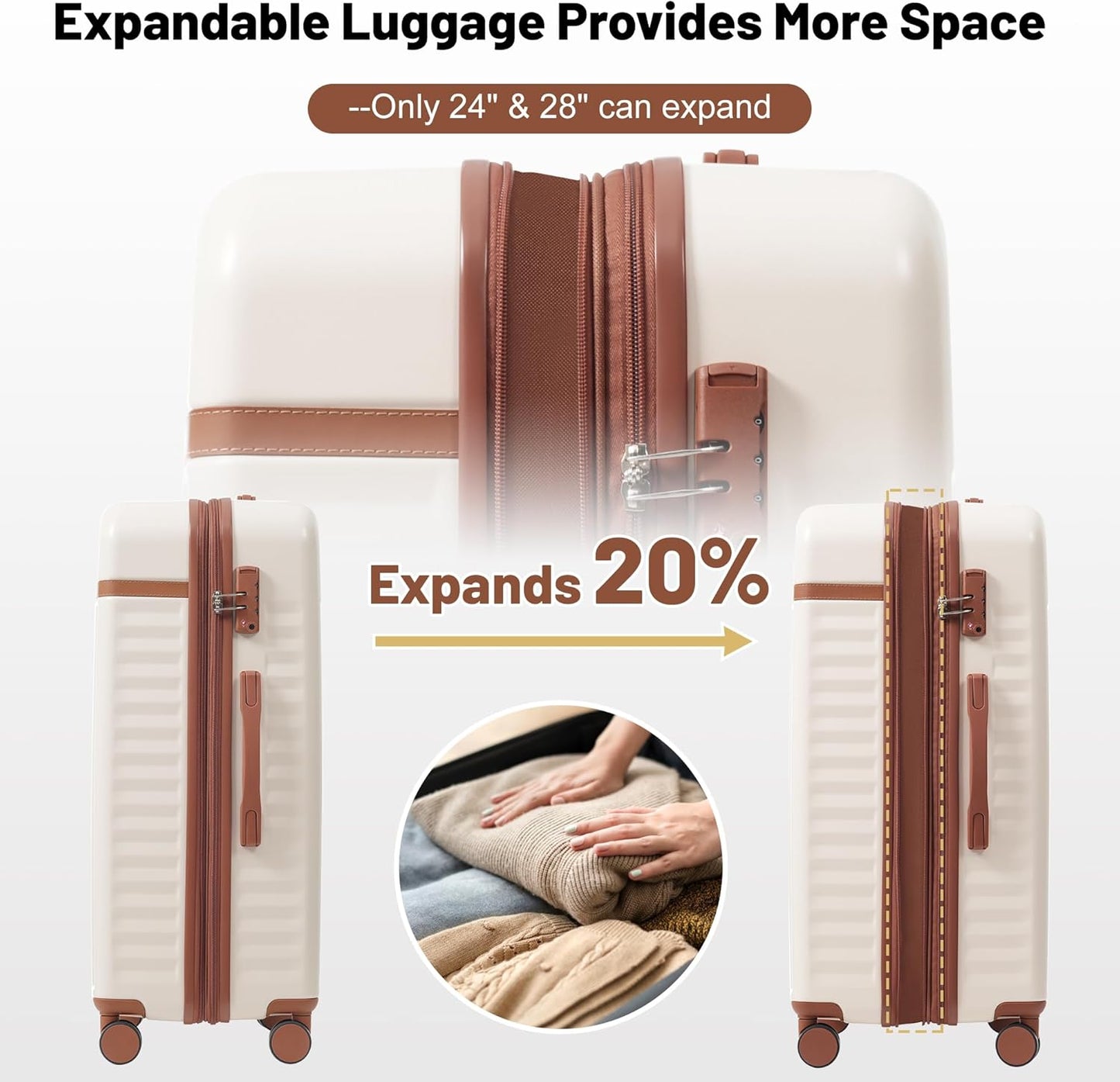 Merax Luggage Sets, Durable Hardshell 3 Piece Suitcase with Double Spinner Wheels and Handle Bags,Lightweight Carry on Luggage with TSA Lock,20+24+28 inches,White and Brown